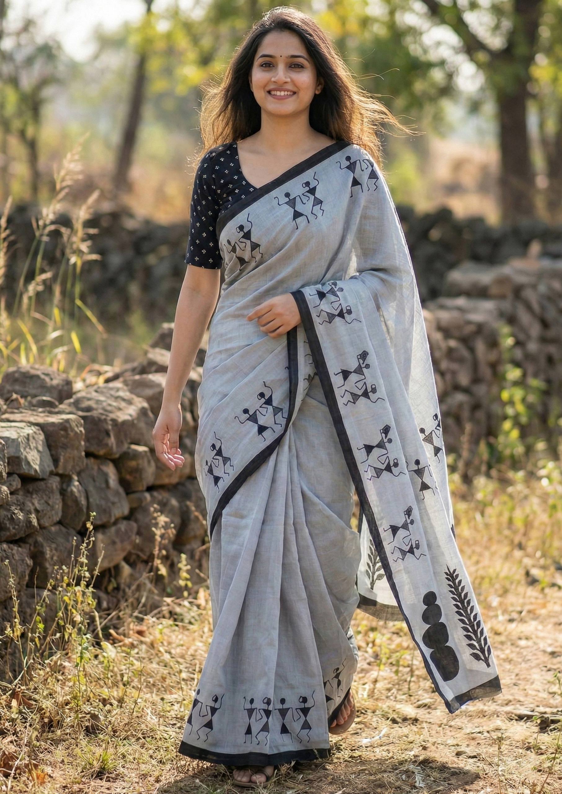 PURE SOFT COTTON JAIPURI BLOCK PRINT GREY SAREE WITH BLOUSE