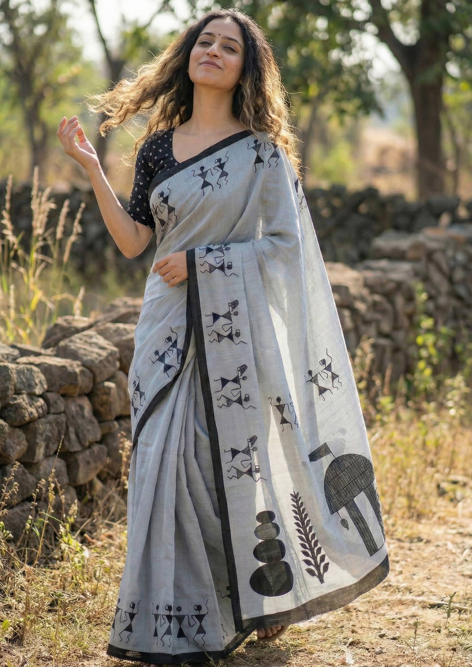 PURE SOFT COTTON JAIPURI BLOCK PRINT GREY SAREE WITH BLOUSE