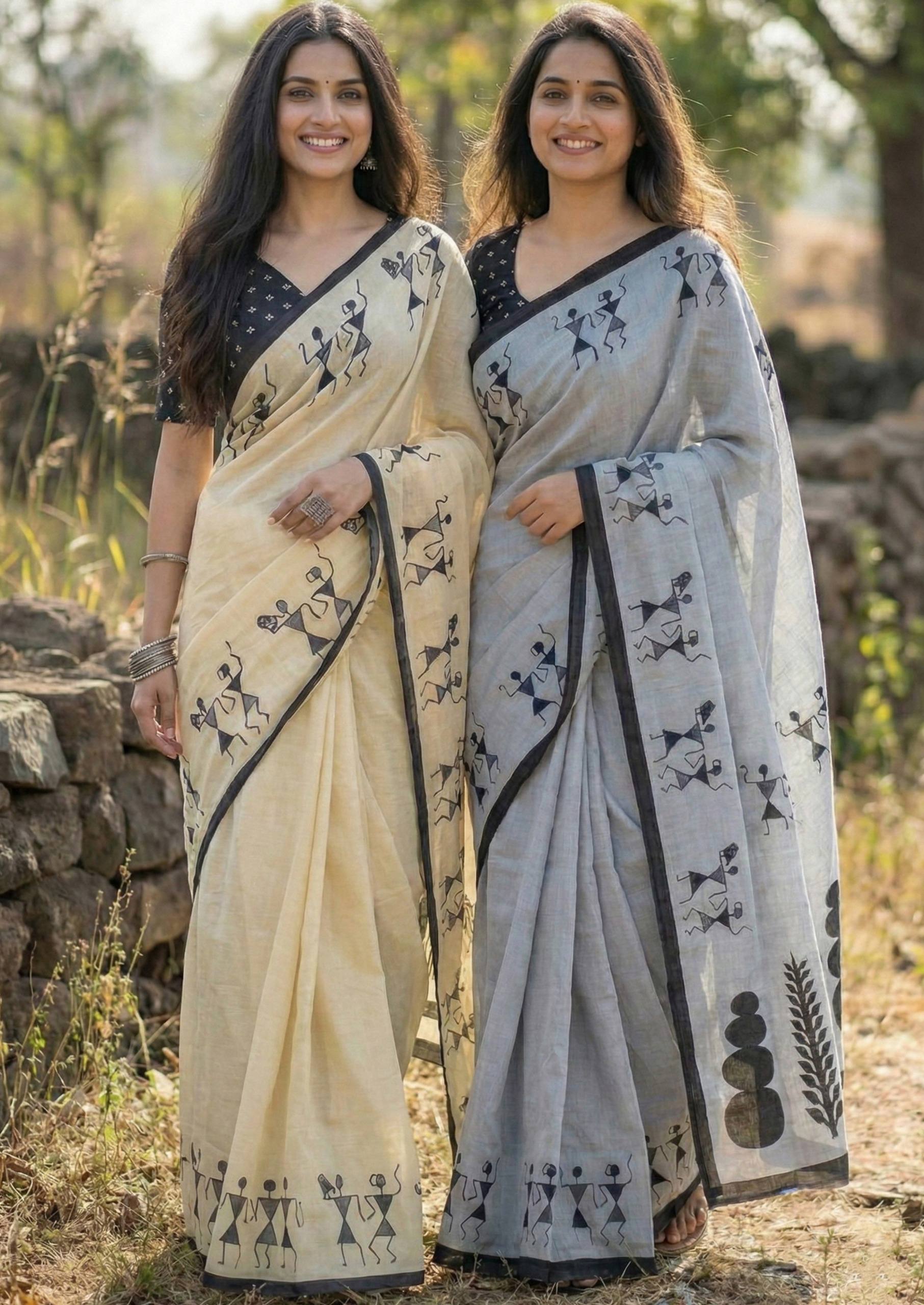 PURE SOFT COTTON JAIPURI BLOCK PRINT CREAME SAREE WITH BLOUSE