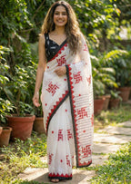 SWASTIK SPECIAL MULMUL  SOFT COTTON BAGRU BLOCK PRINT WHITE SAREE WITH BLOUSE