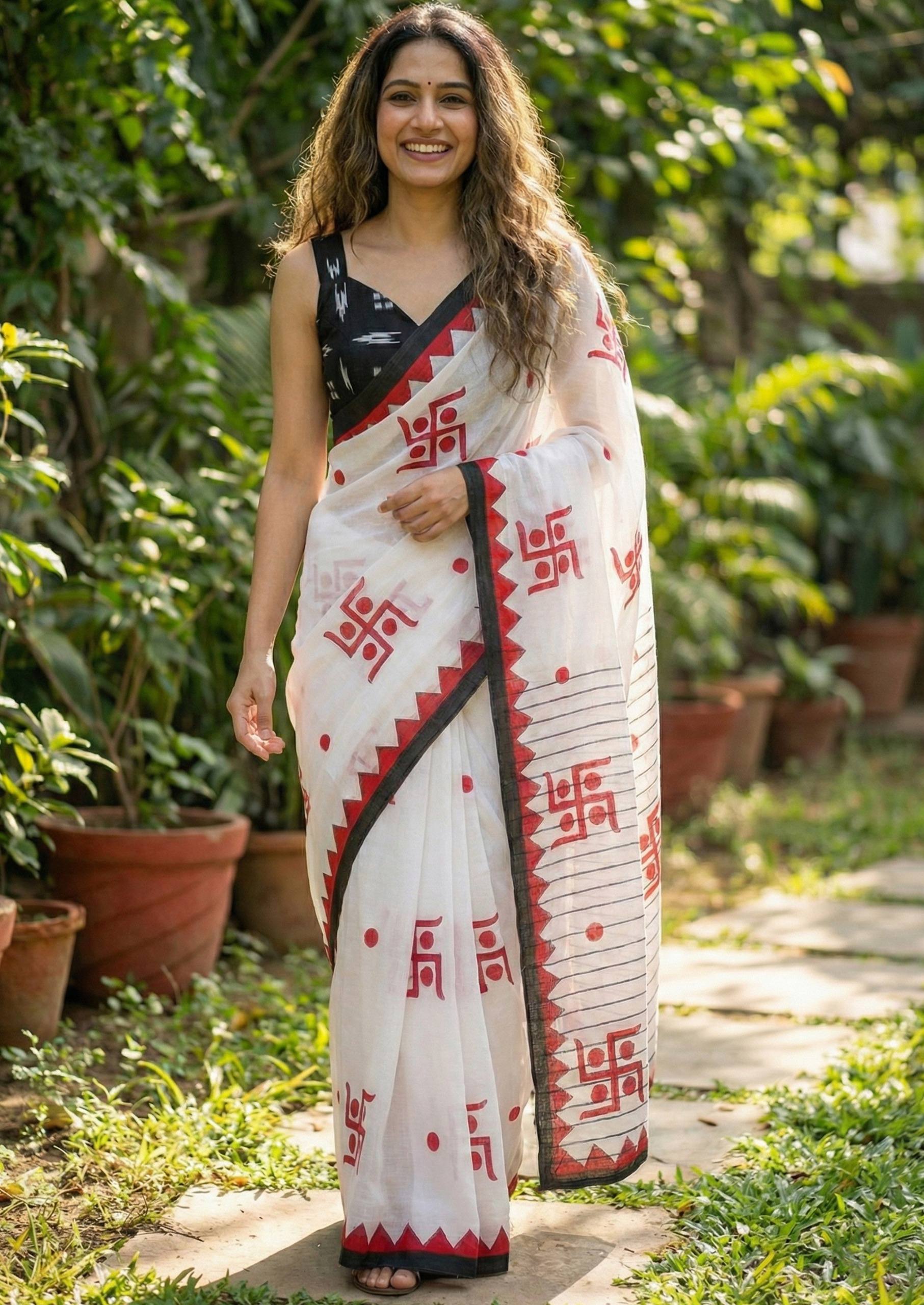 SWASTIK SPECIAL MULMUL  SOFT COTTON BAGRU BLOCK PRINT WHITE SAREE WITH BLOUSE