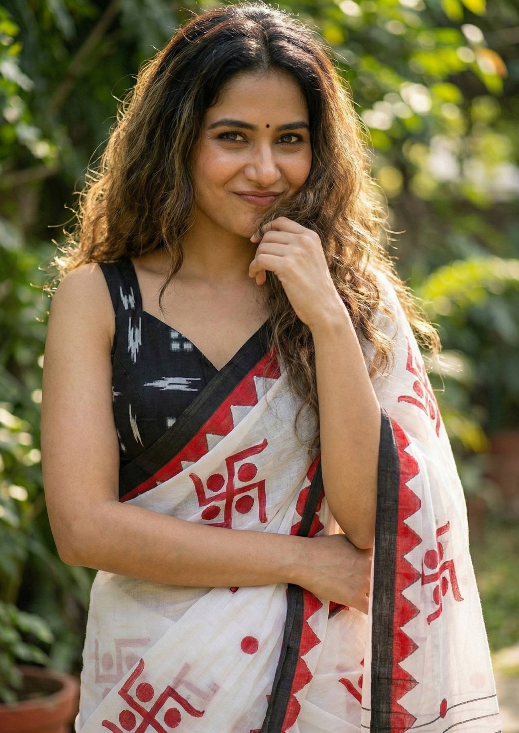 SWASTIK SPECIAL MULMUL  SOFT COTTON BAGRU BLOCK PRINT WHITE SAREE WITH BLOUSE