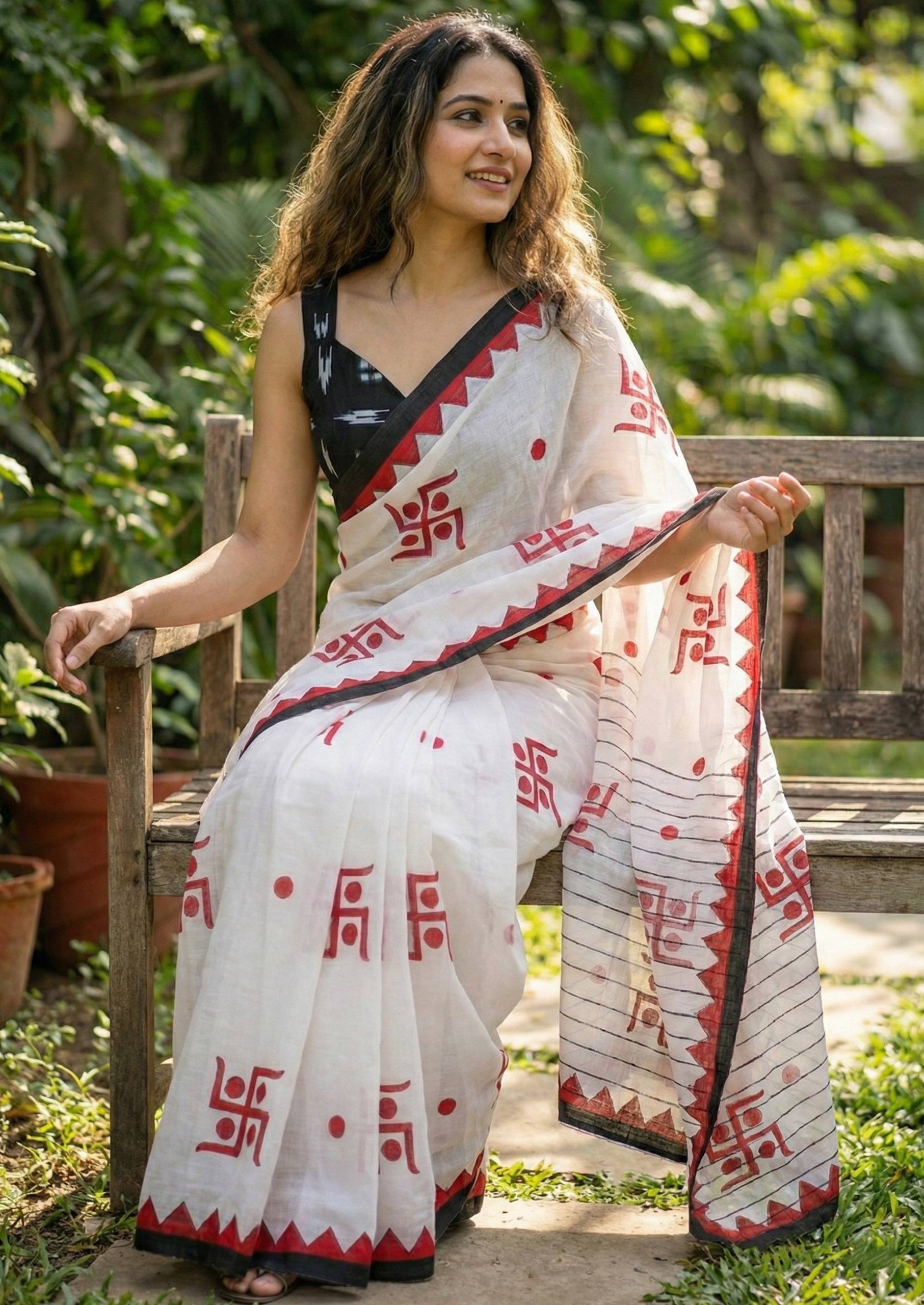 SWASTIK SPECIAL MULMUL  SOFT COTTON BAGRU BLOCK PRINT WHITE SAREE WITH BLOUSE