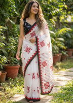 SWASTIK SPECIAL MULMUL  SOFT COTTON BAGRU BLOCK PRINT WHITE SAREE WITH BLOUSE
