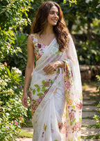 FLOWER SPECIAL SOFT MULMUL COTTON BAGRU BLOCK PRINT WHITE SAREE WITH BLOUSE