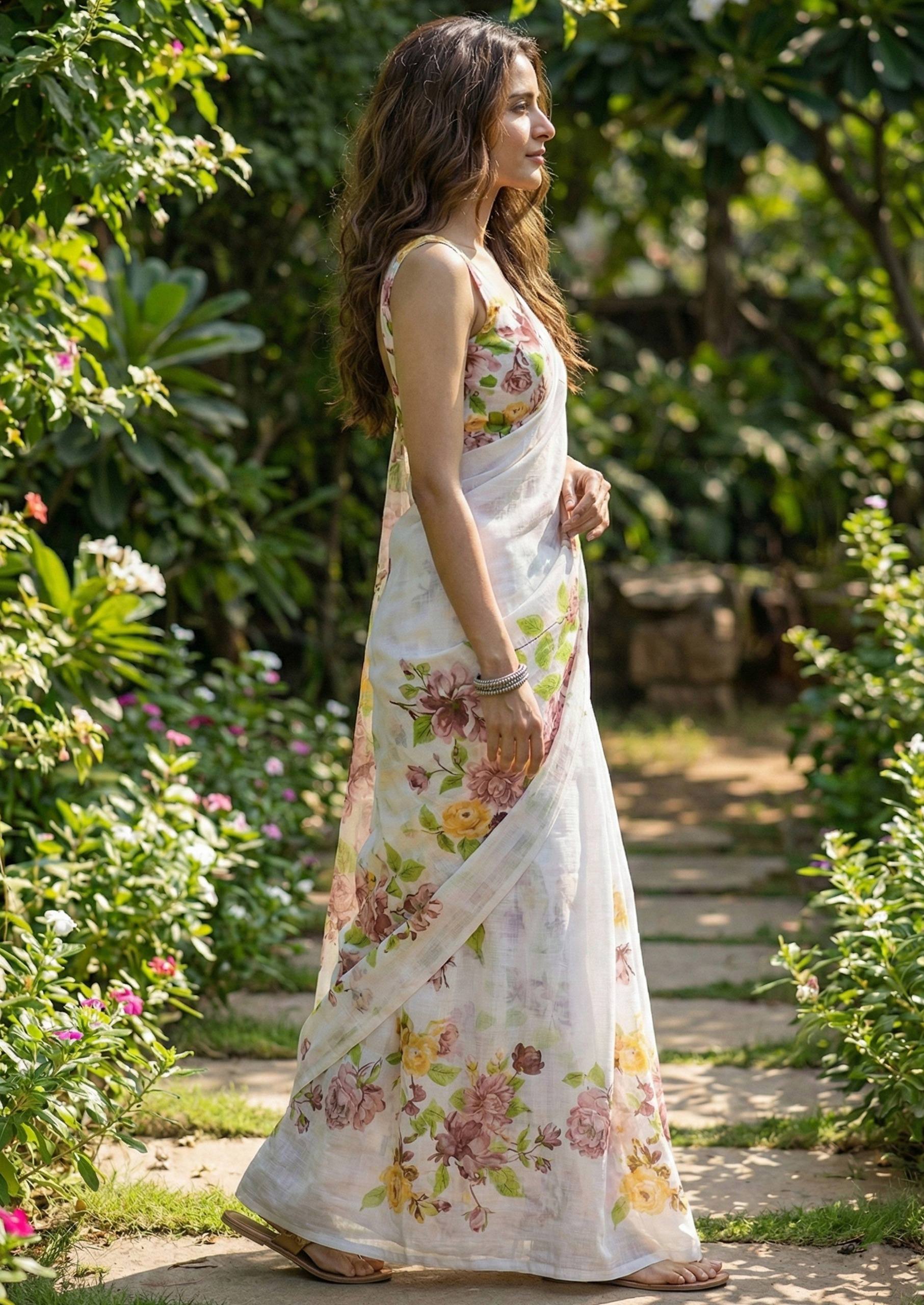 FLOWER SPECIAL SOFT MULMUL COTTON BAGRU BLOCK PRINT WHITE SAREE WITH BLOUSE