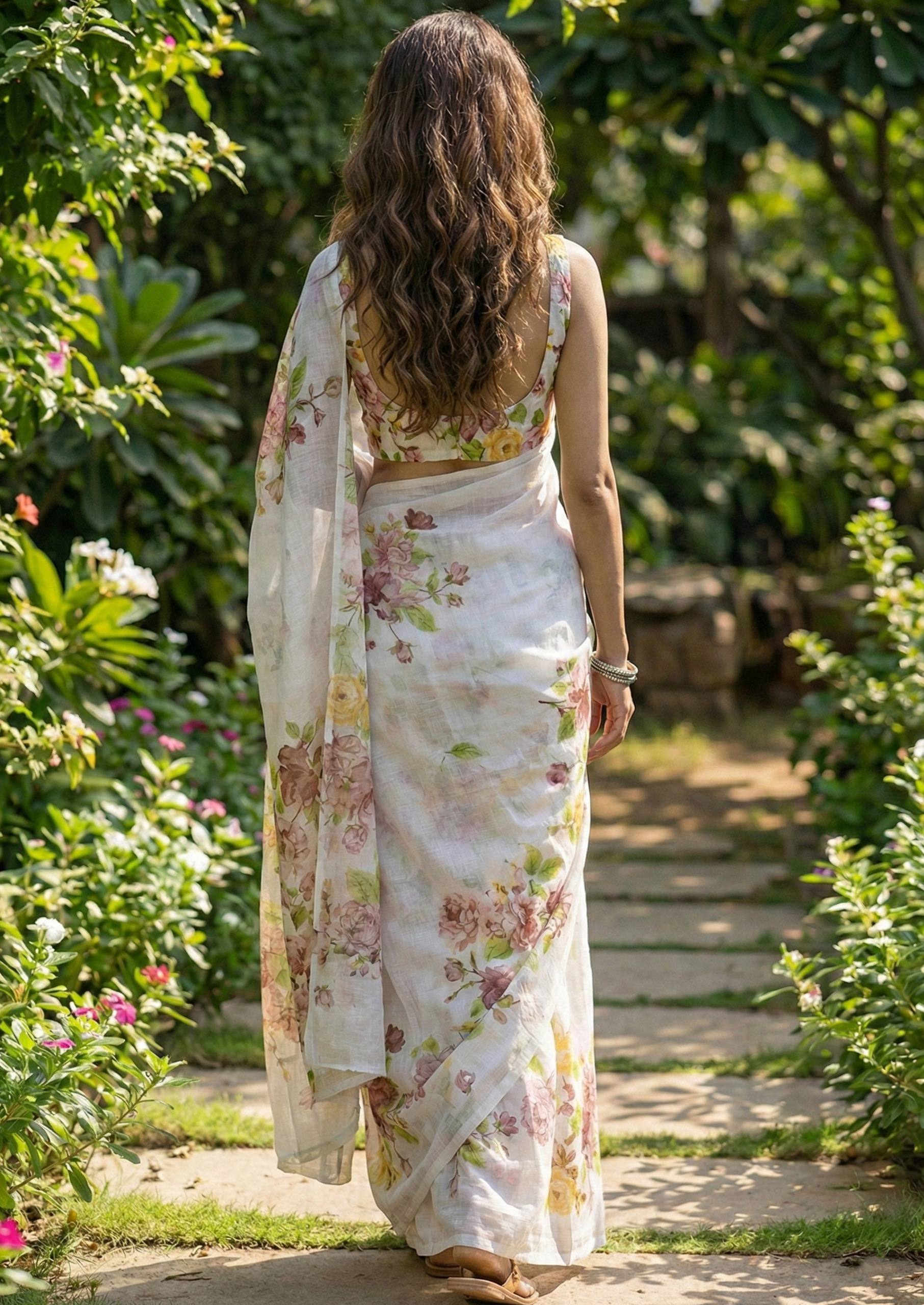 FLOWER SPECIAL SOFT MULMUL COTTON BAGRU BLOCK PRINT WHITE SAREE WITH BLOUSE