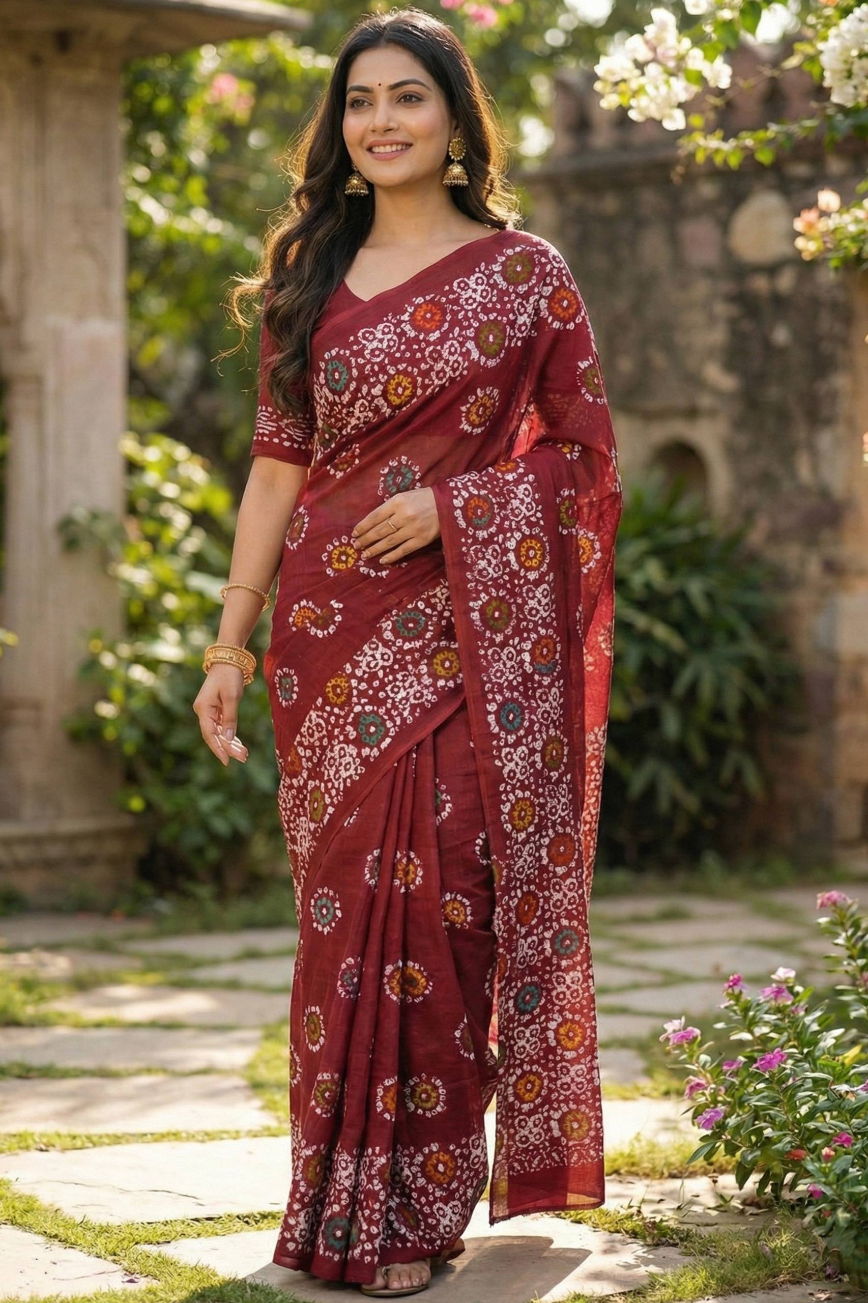 SOFT PURE COTTON BATIK PRINT MAROON SAREE WITH BLOUSE