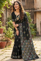 SOFT PURE COTTON BATIK PRINT BLACK SAREE WITH BLOUSE