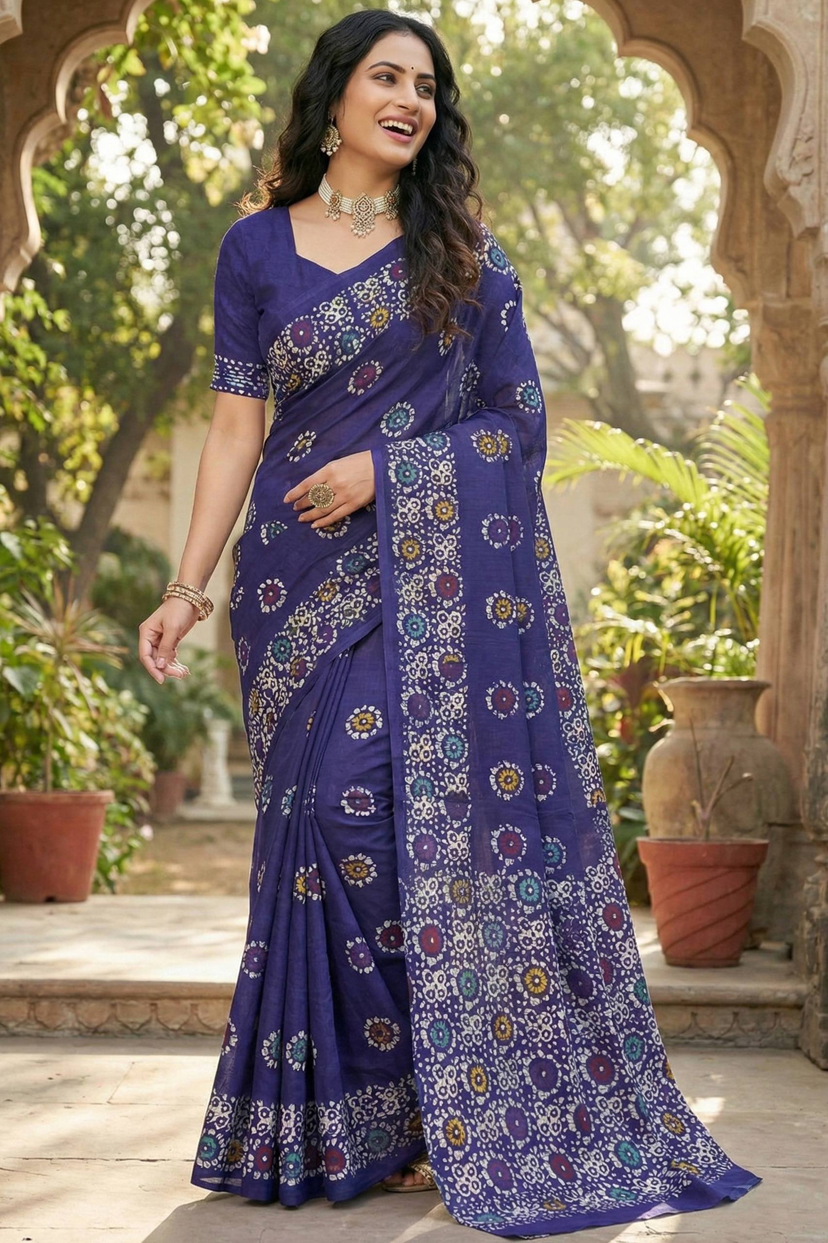 SOFT PURE COTTON BATIK PRINT BLUE SAREE WITH BLOUSE