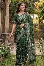 SOFT PURE COTTON BATIK PRINT GREEN SAREE WITH BLOUSE