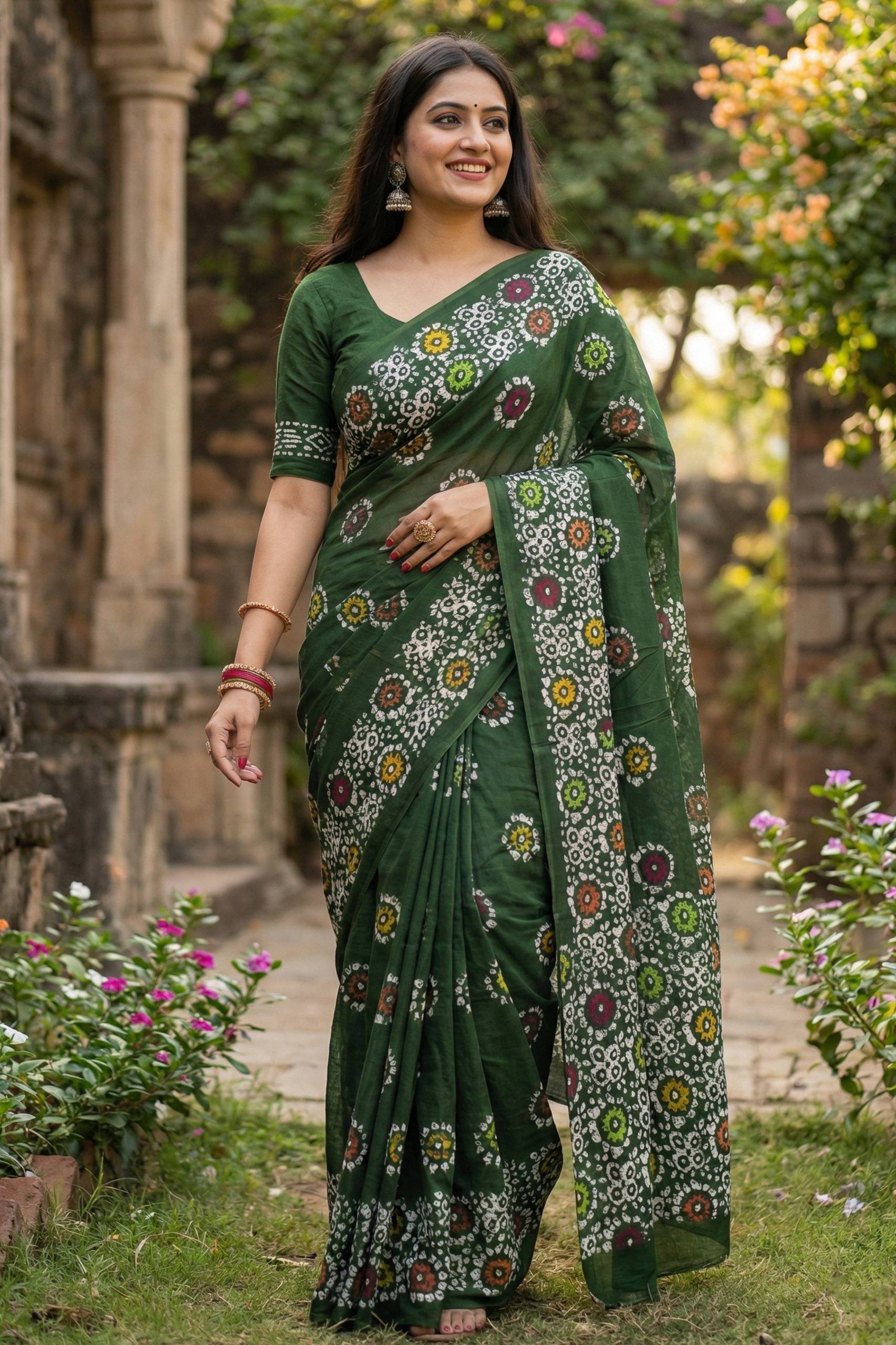 SOFT PURE COTTON BATIK PRINT GREEN SAREE WITH BLOUSE