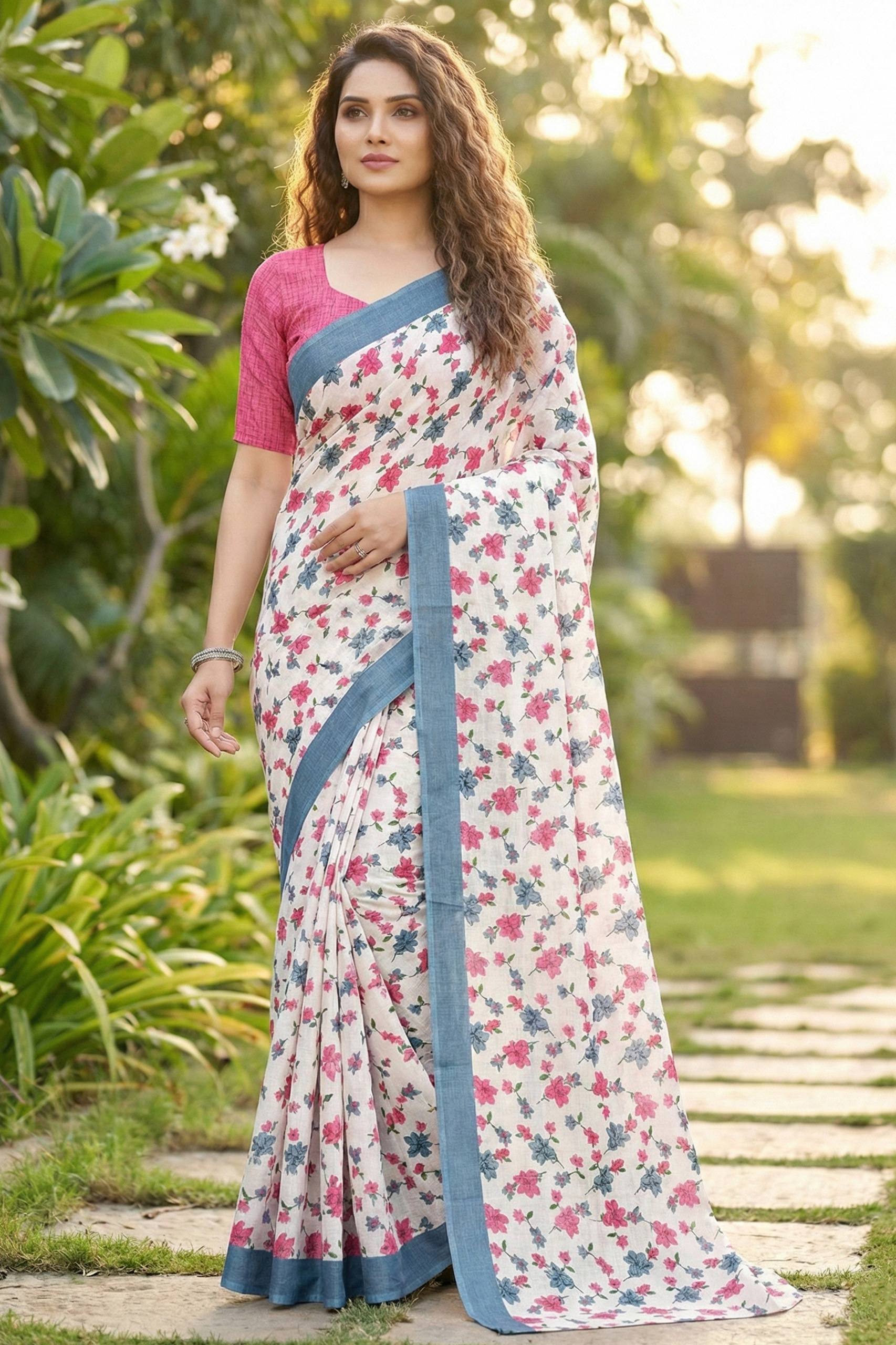 PURE MULMUL COTTON PRINT WHITE SAREE WITH BLOUSE