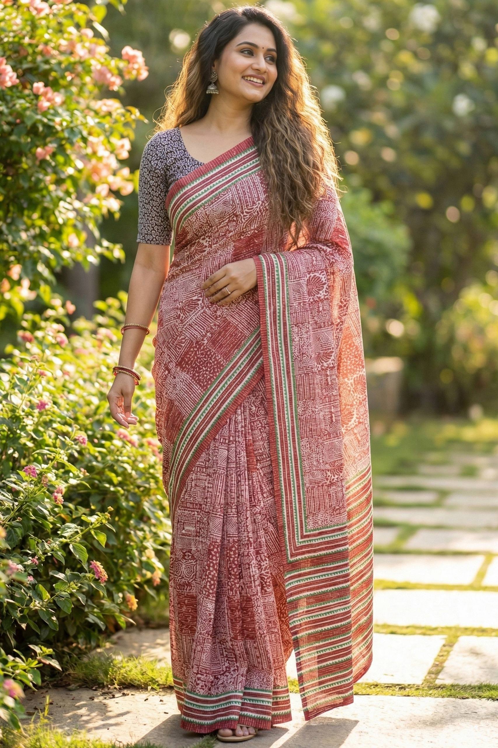 PURE MULMUL COTTON PRINT RUST ORANGE SAREE WITH BLOUSE