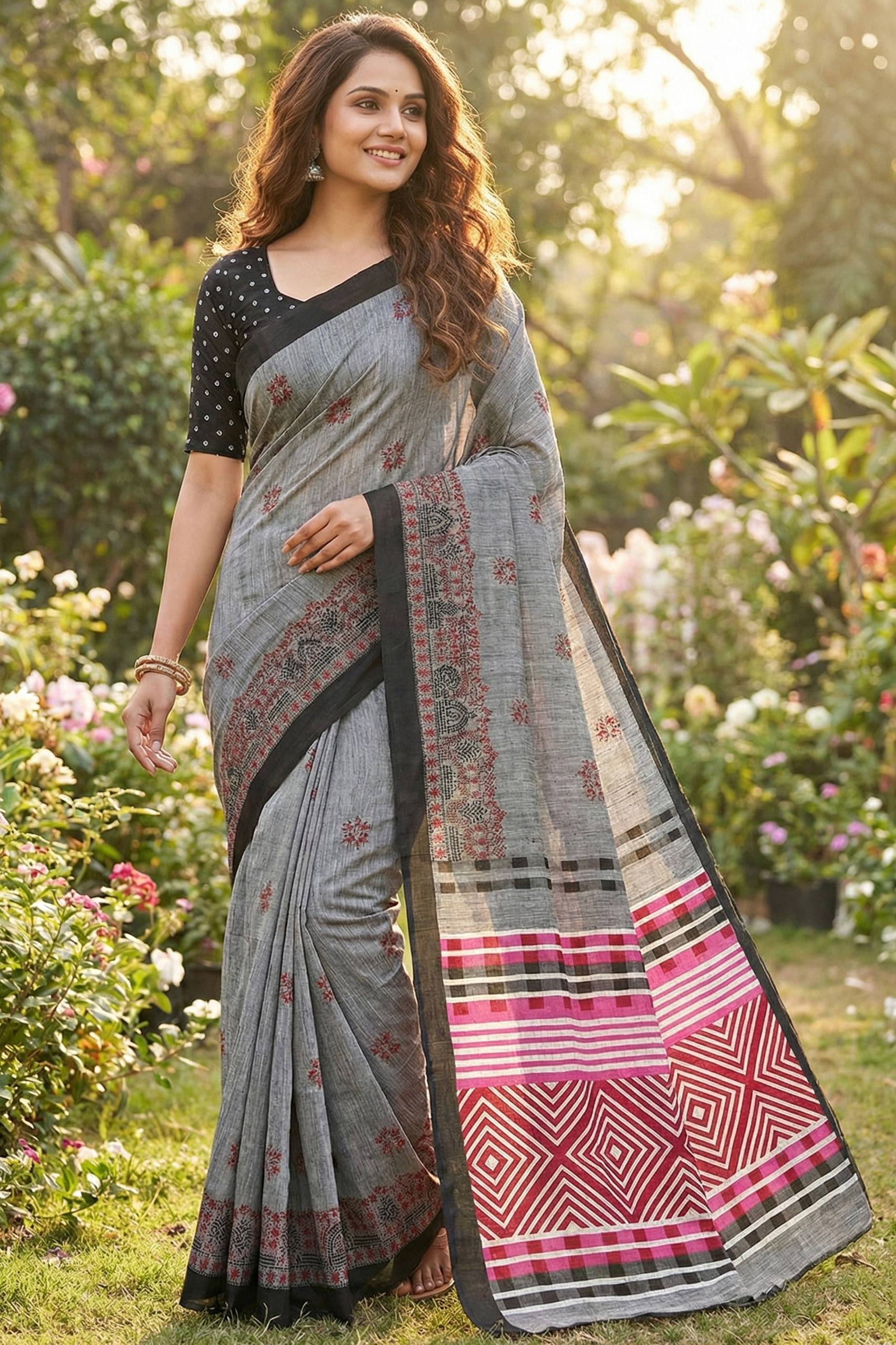 PURE MULMUL COTTON PRINT GREY SAREE WITH BLOUSE