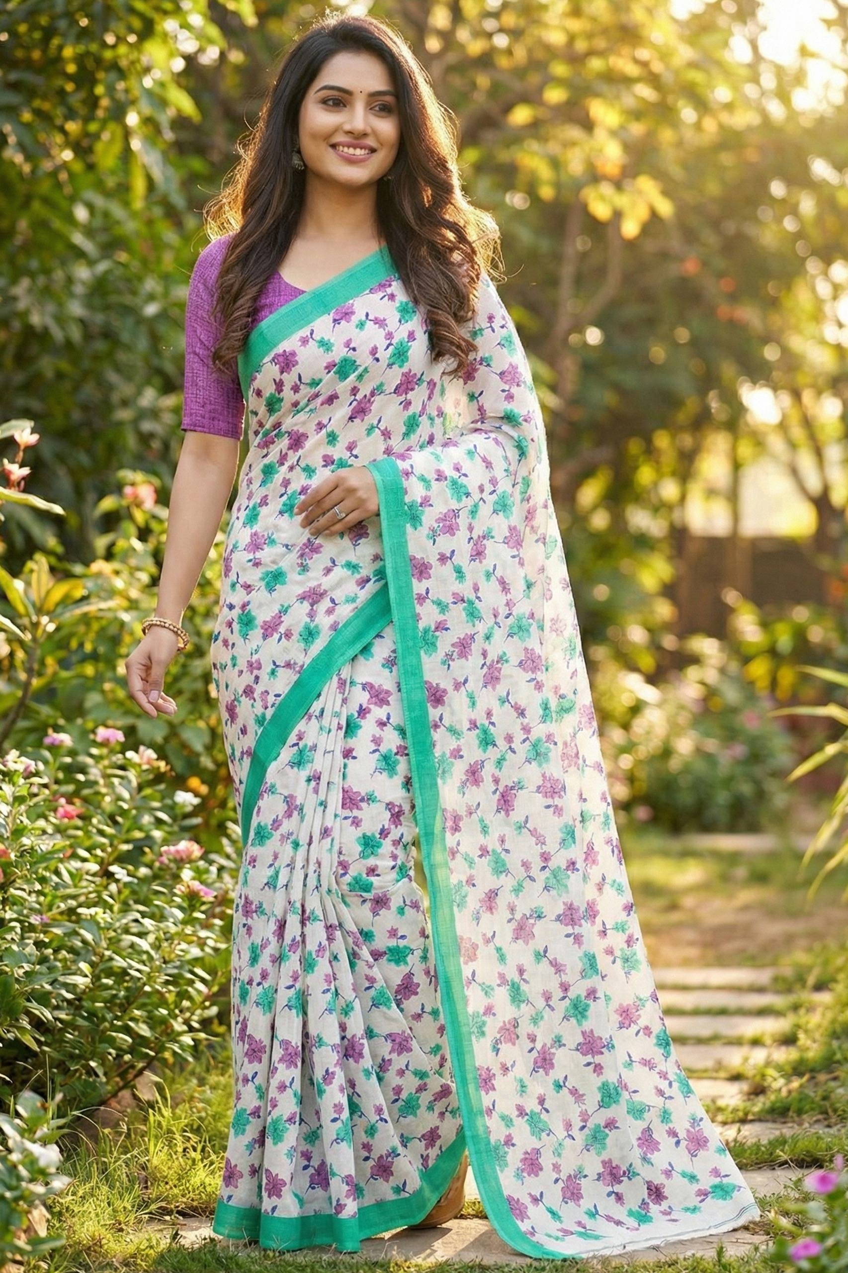 PURE MULMUL COTTON PRINT MULTICOLOR SAREE WITH BLOUSE