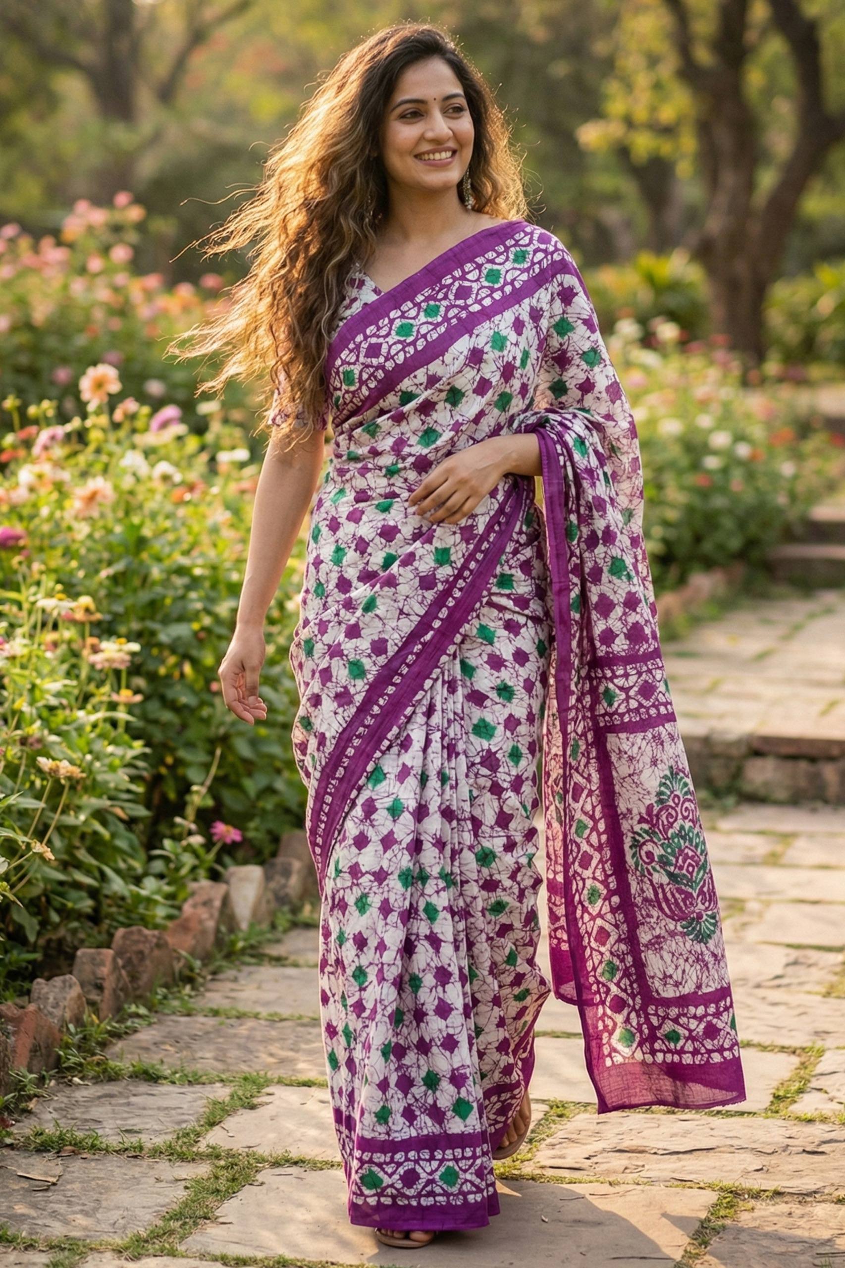 PURE MULMUL COTTON PRINT PURPLE SAREE WITH BLOUSE