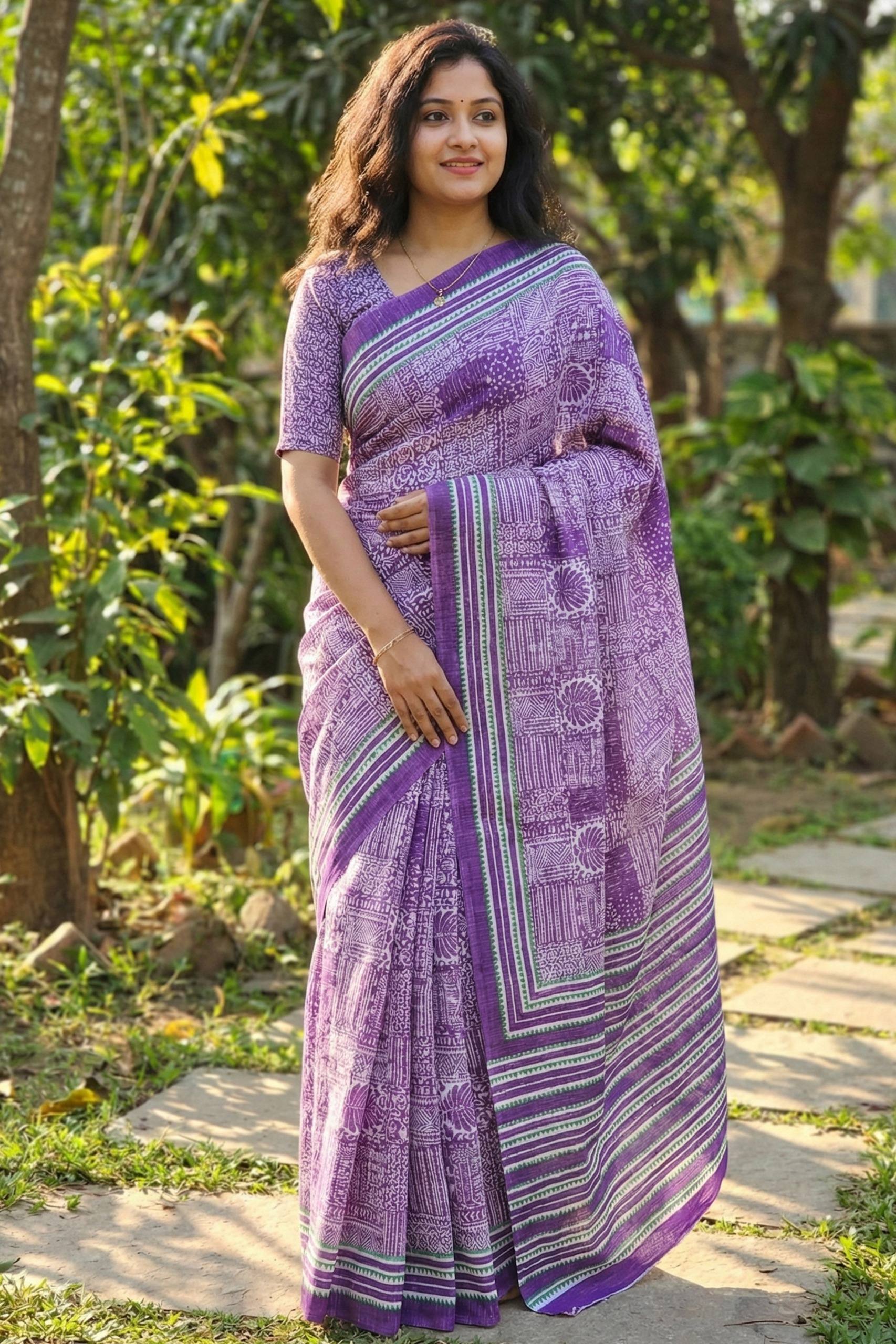 PURE MULMUL COTTON PRINT VIOLET SAREE WITH BLOUSE