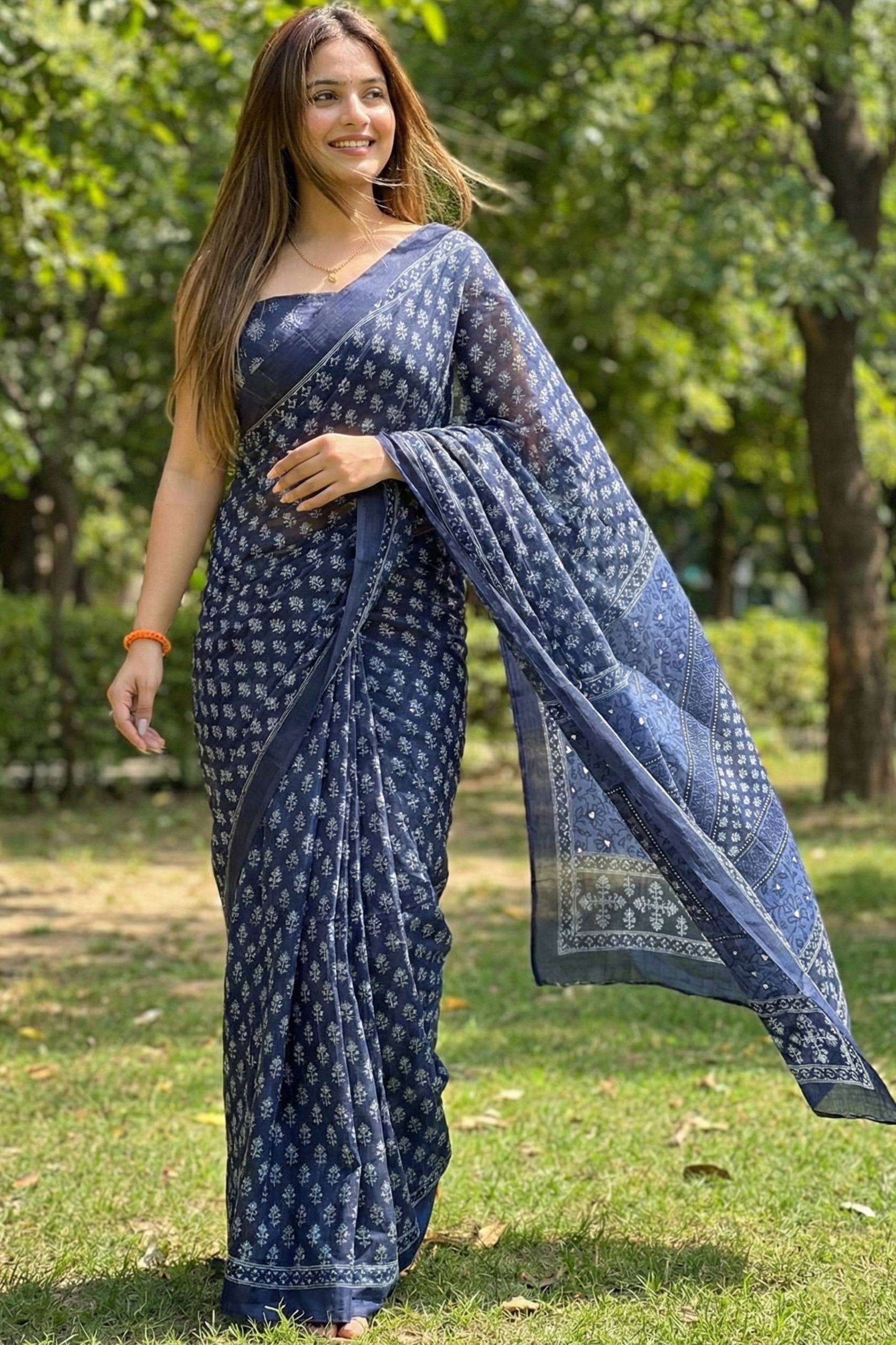 PURE MULMUL COTTON PRINT NEVY BLUE SAREE WITH BLOUSE