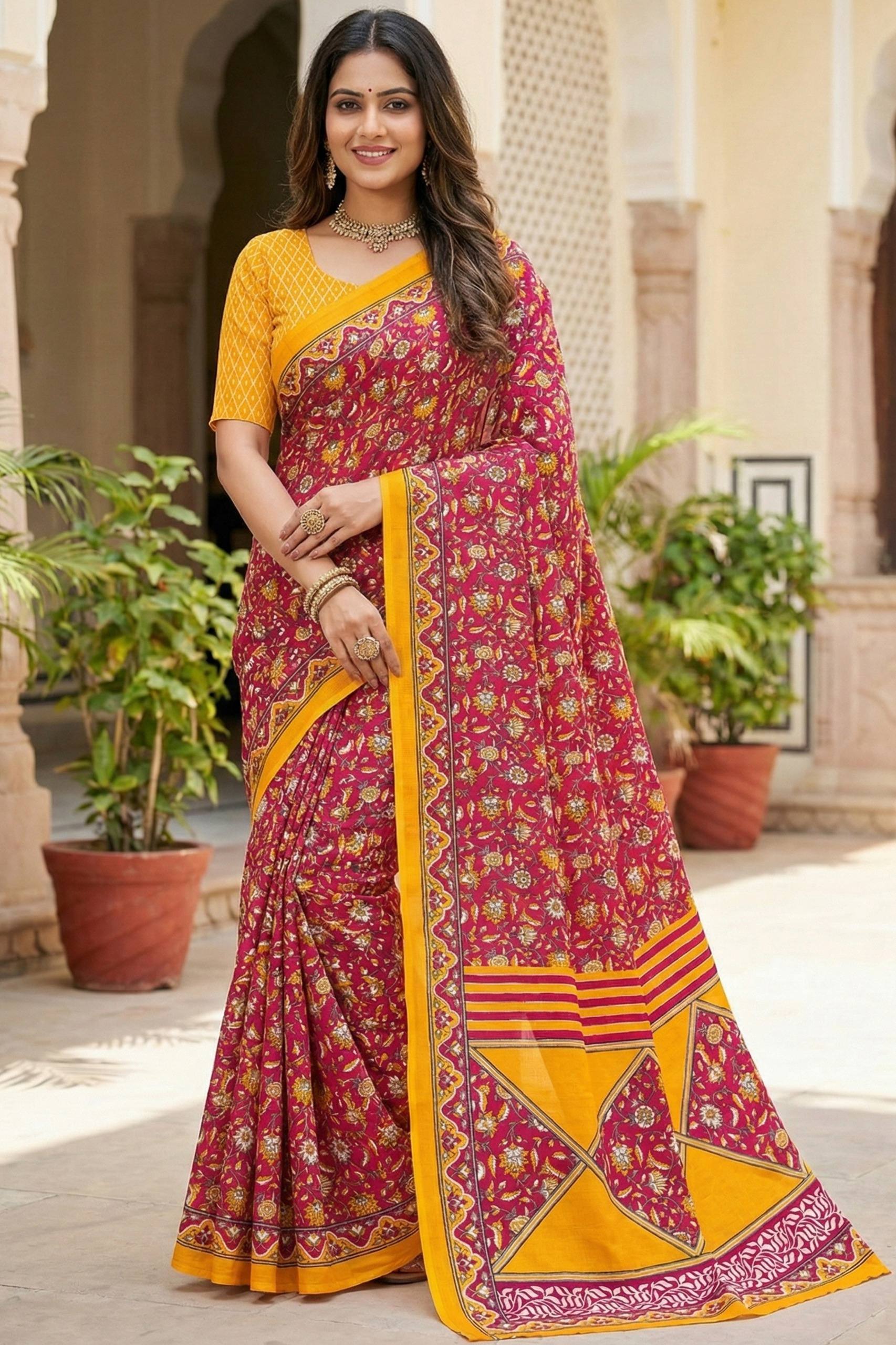 PURE MULMUL COTTON PRINT YELLOW SAREE WITH BLOUSE