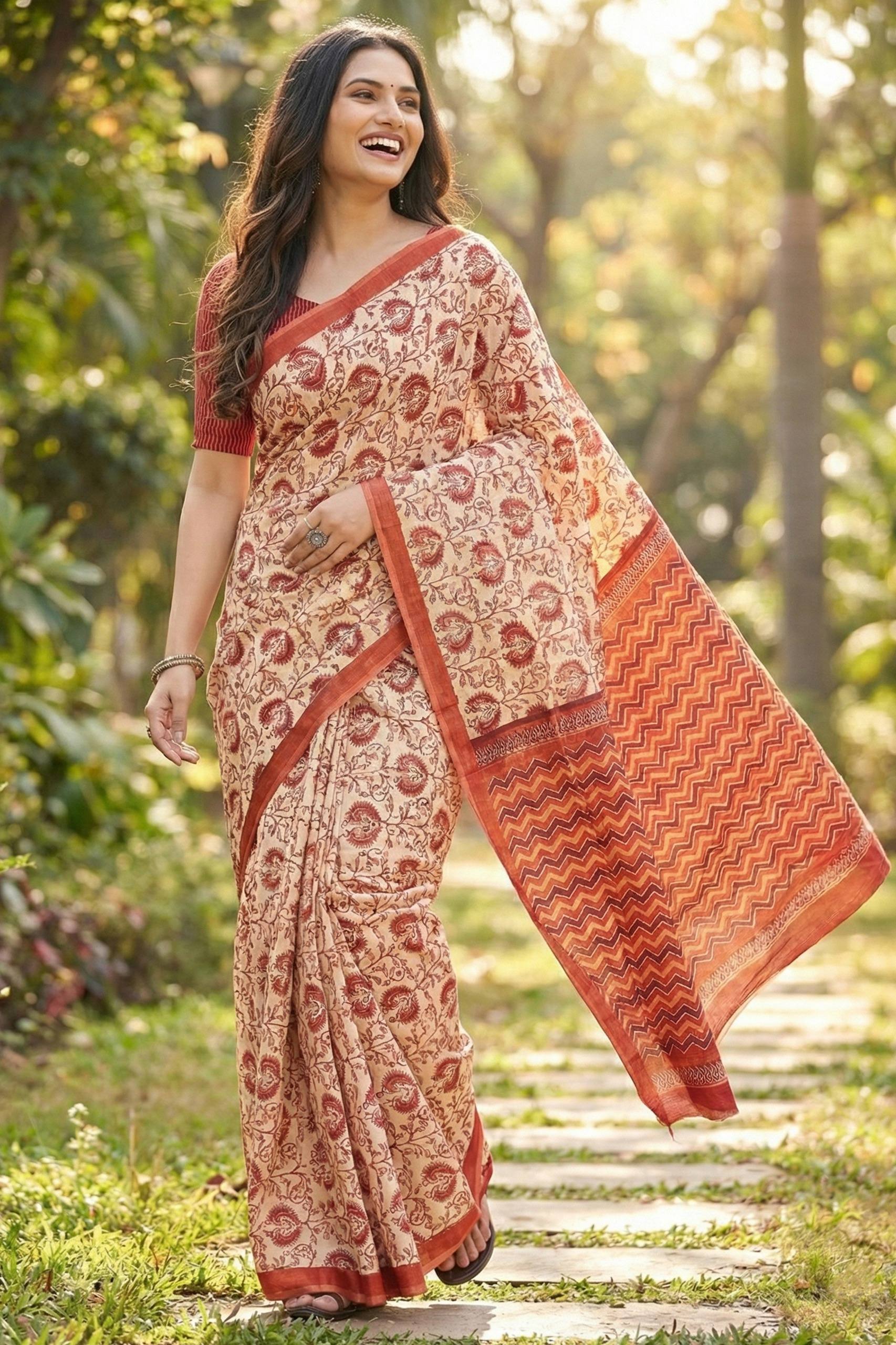 PURE MULMUL COTTON PRINT BEIGE SAREE WITH BLOUSE