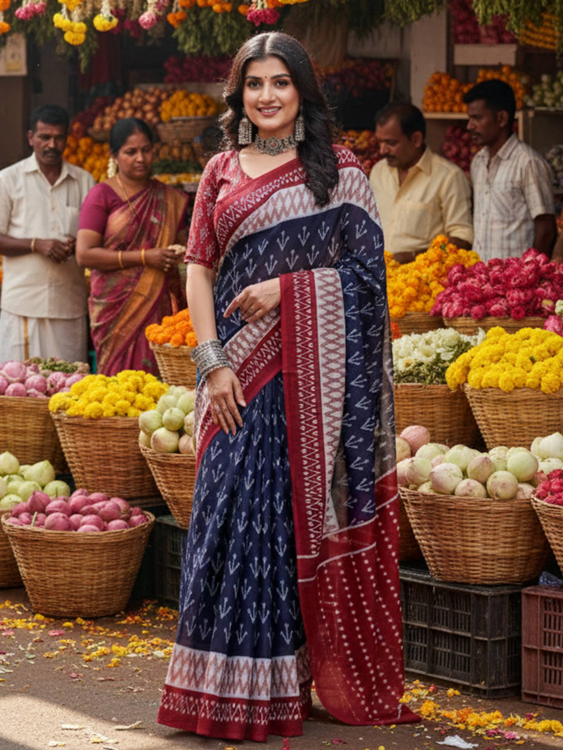 PURE MULMUL COTTON NEVY BLUE AND MAROON SAREE WITH BLOUSE