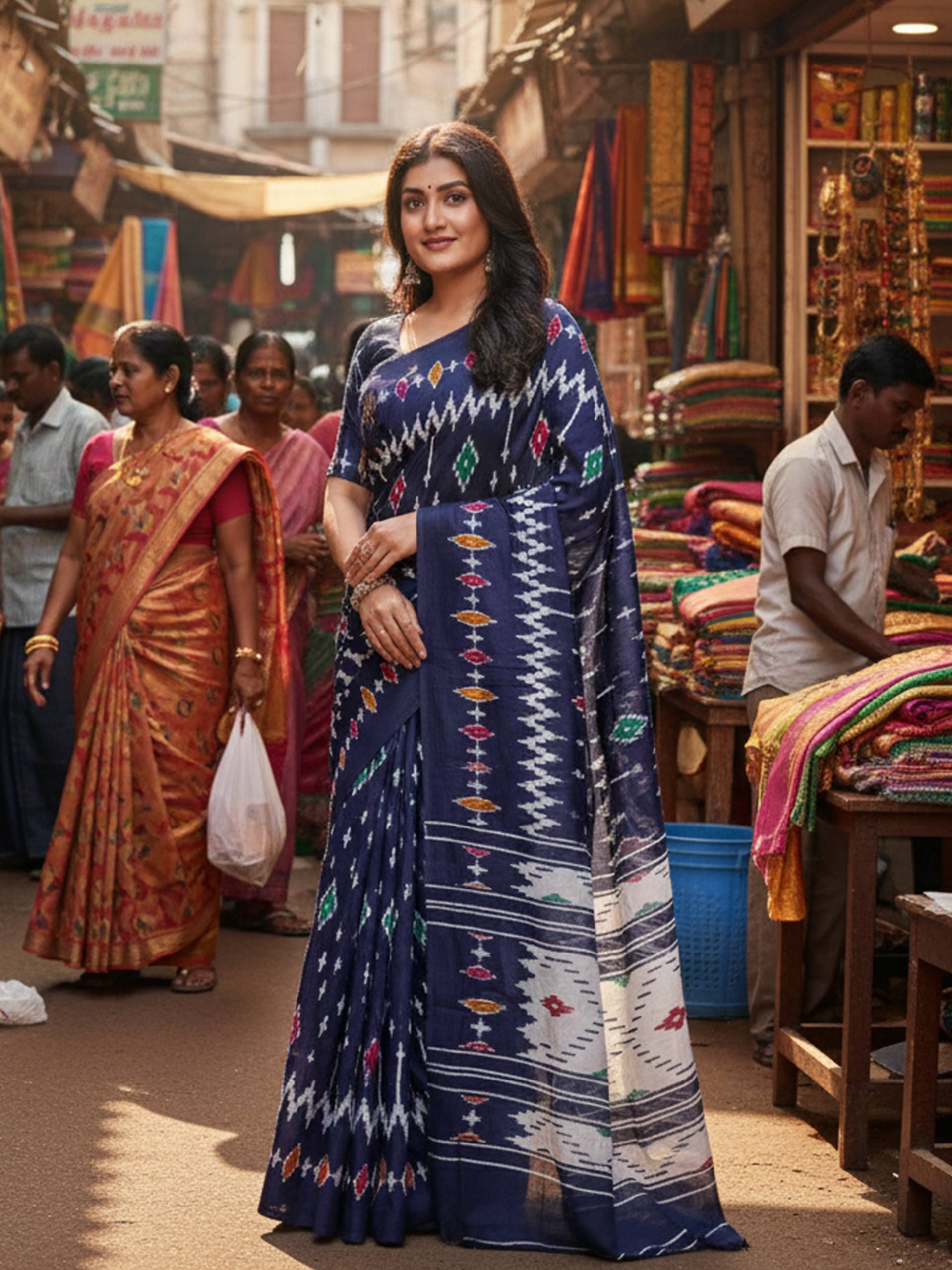 PURE MULMUL COTTON NEVY BLUE SAREE WITH BLOUSE