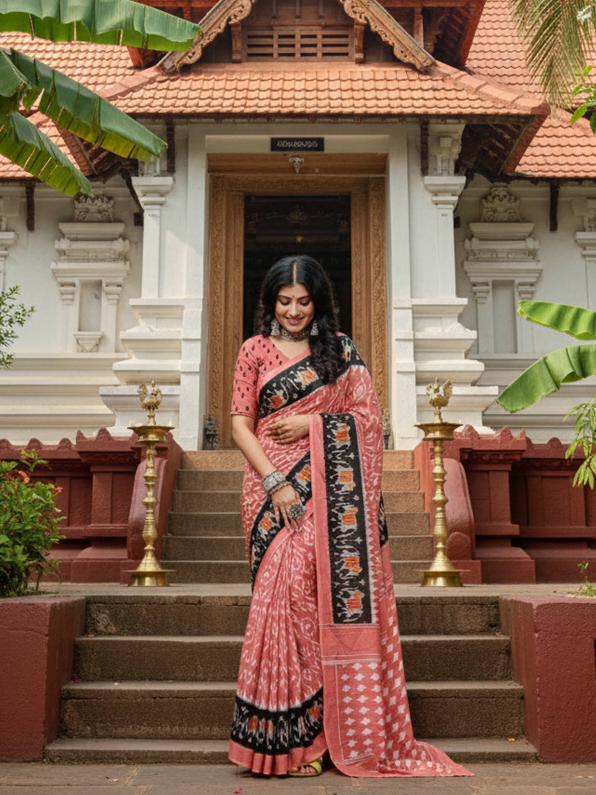 PURE MULMUL COTTON PEACH SAREE WITH BLOUSE