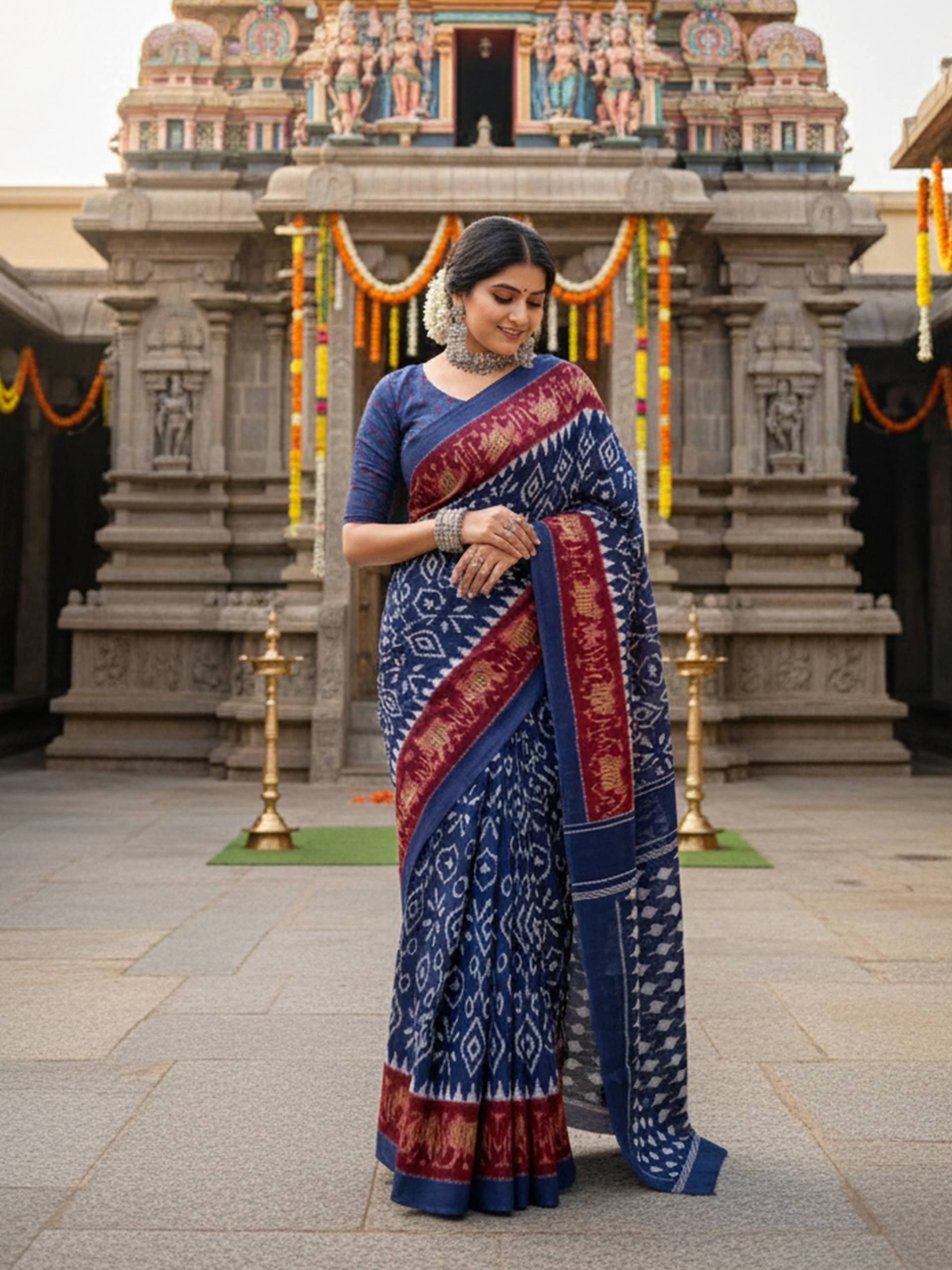 PURE MULMUL COTTON NEVY BLUE AND MAROON SAREE WITH BLOUSE