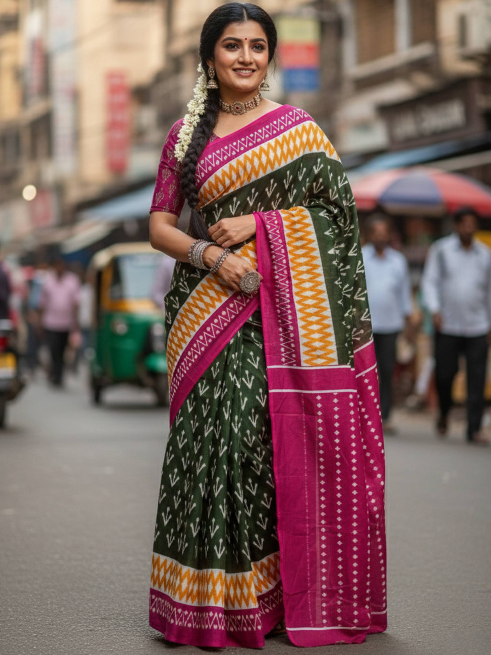 PURE MULMUL COTTON GREEN AND PINK SAREE WITH BLOUSE