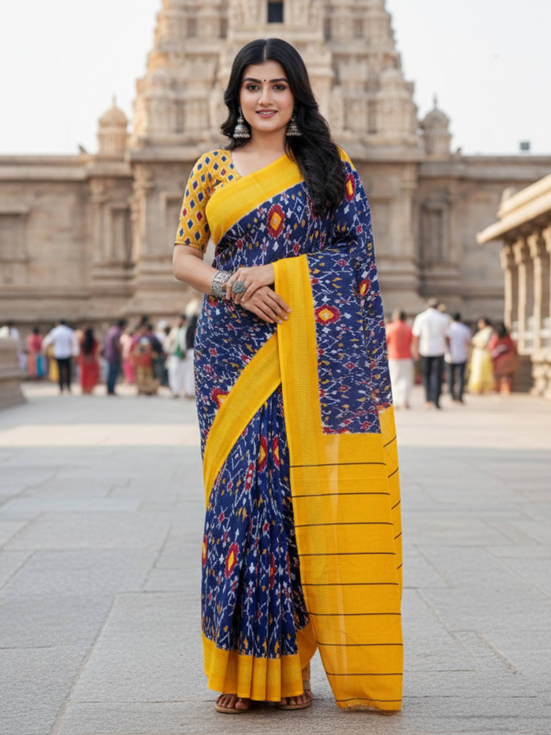 PURE MULMUL COTTON BLUE AND YELLOW SAREE WITH BLOUSE