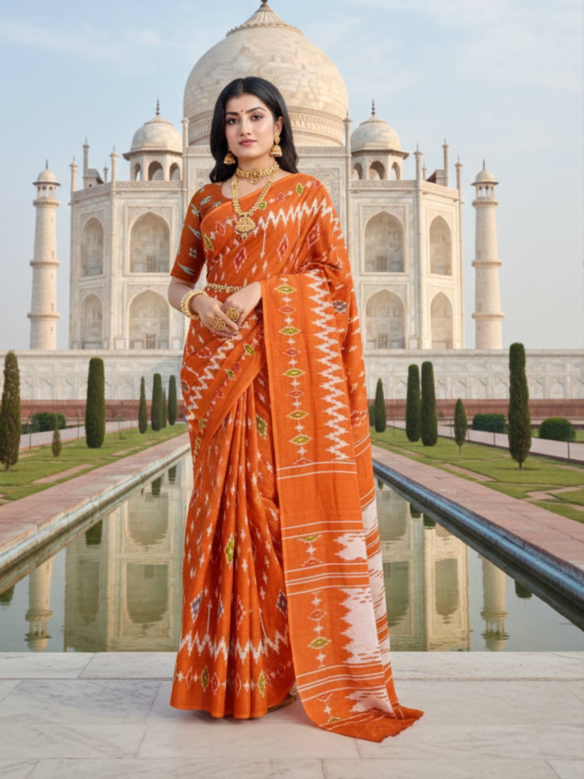 PURE MULMUL COTTON ORANGE SAREE WITH BLOUSE