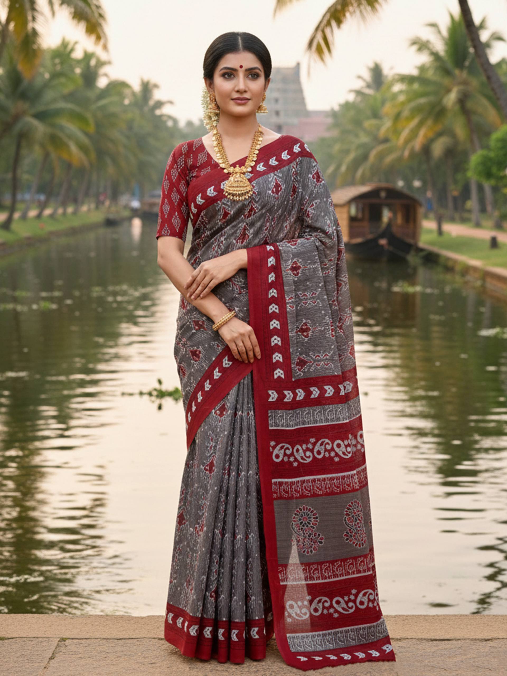 PURE MULMUL COTTON GREY AND RED SAREE WITH BLOUSE
