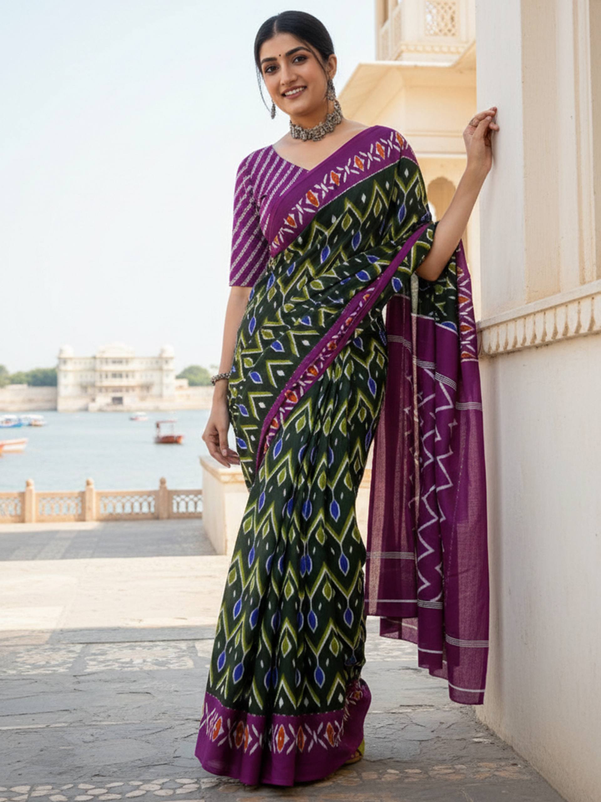 PURE MULMUL COTTON GREEN SAREE WITH BLOUSE