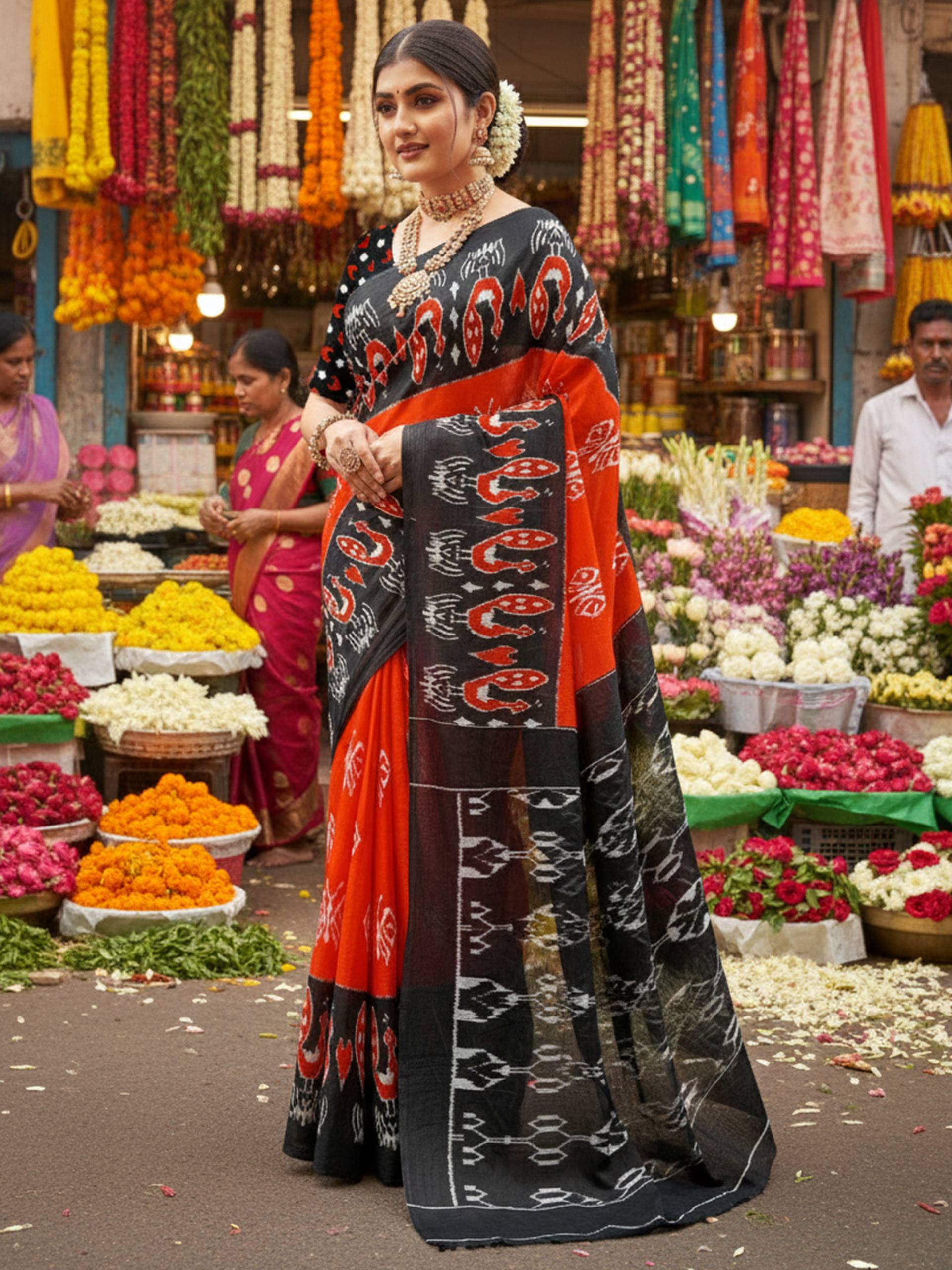 PURE MULMUL COTTON ORANGE AND BLACK SAREE WITH BLOUSE