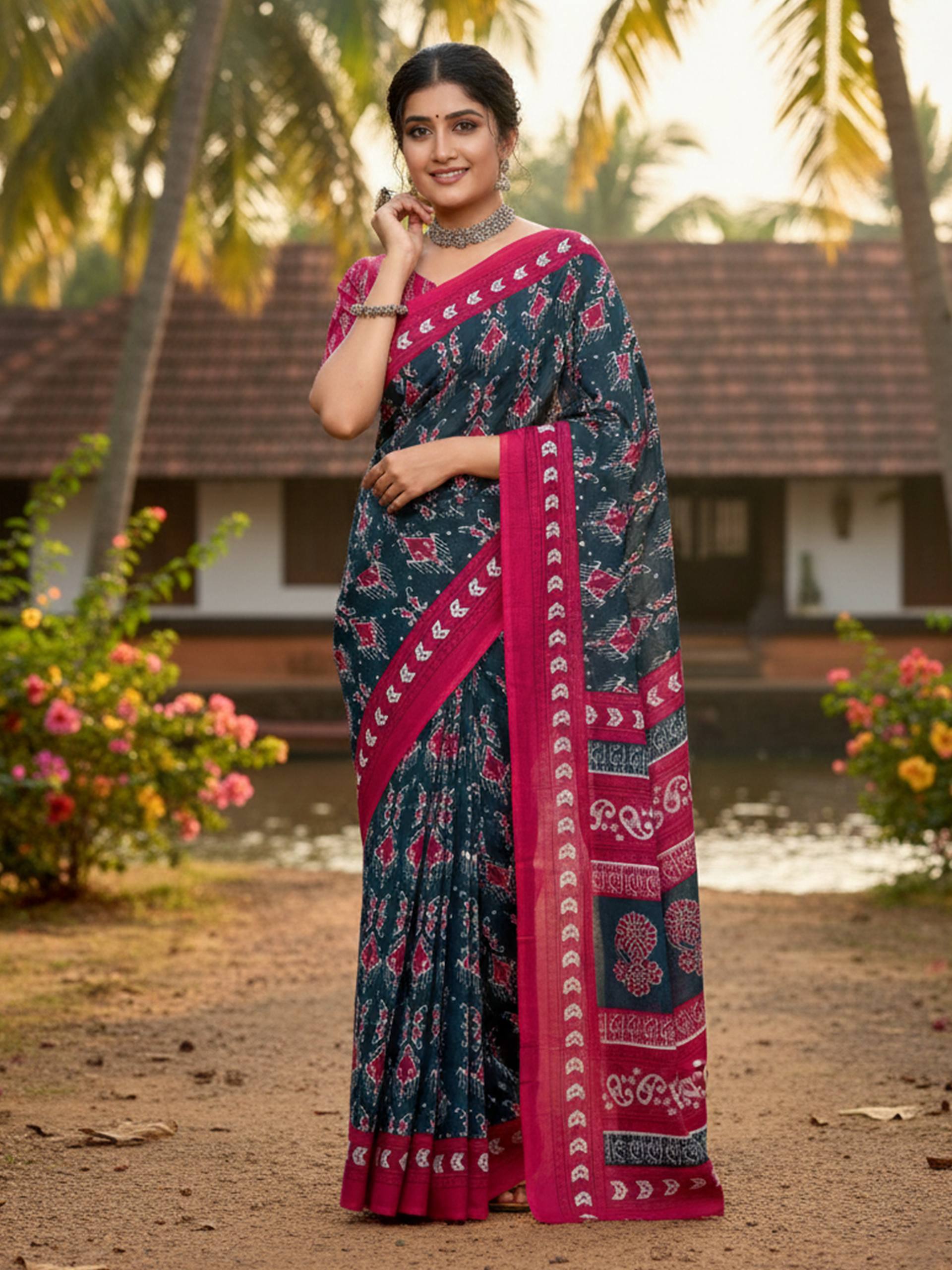 PURE MULMUL COTTON BLACK AND PINK SAREE WITH BLOUSE