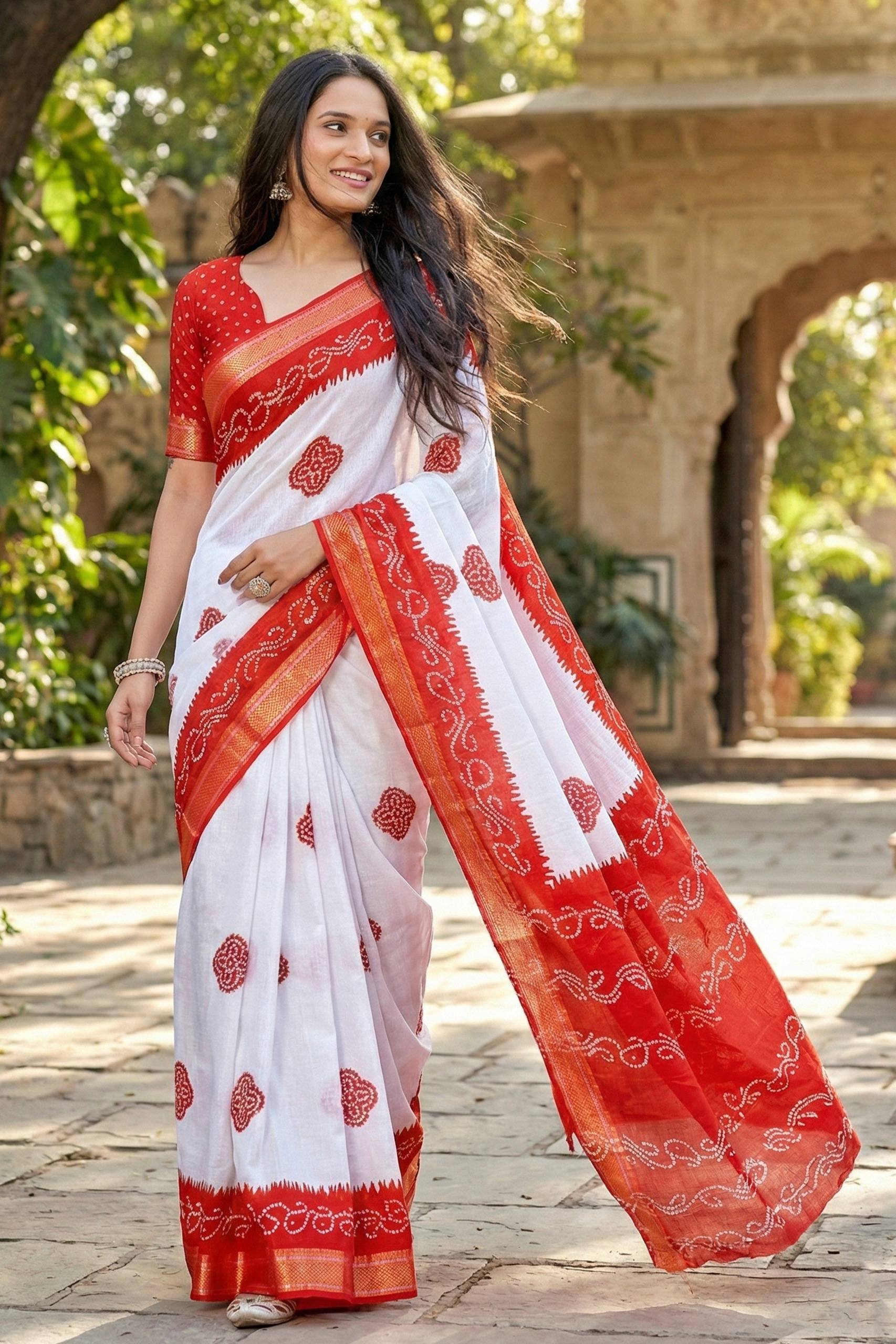 MULMUL COTTON BANDHANI BLOCK PRINT WITH HEAVY ZARI BORDER WHITE AND RED SAREE WITH BLOUSE