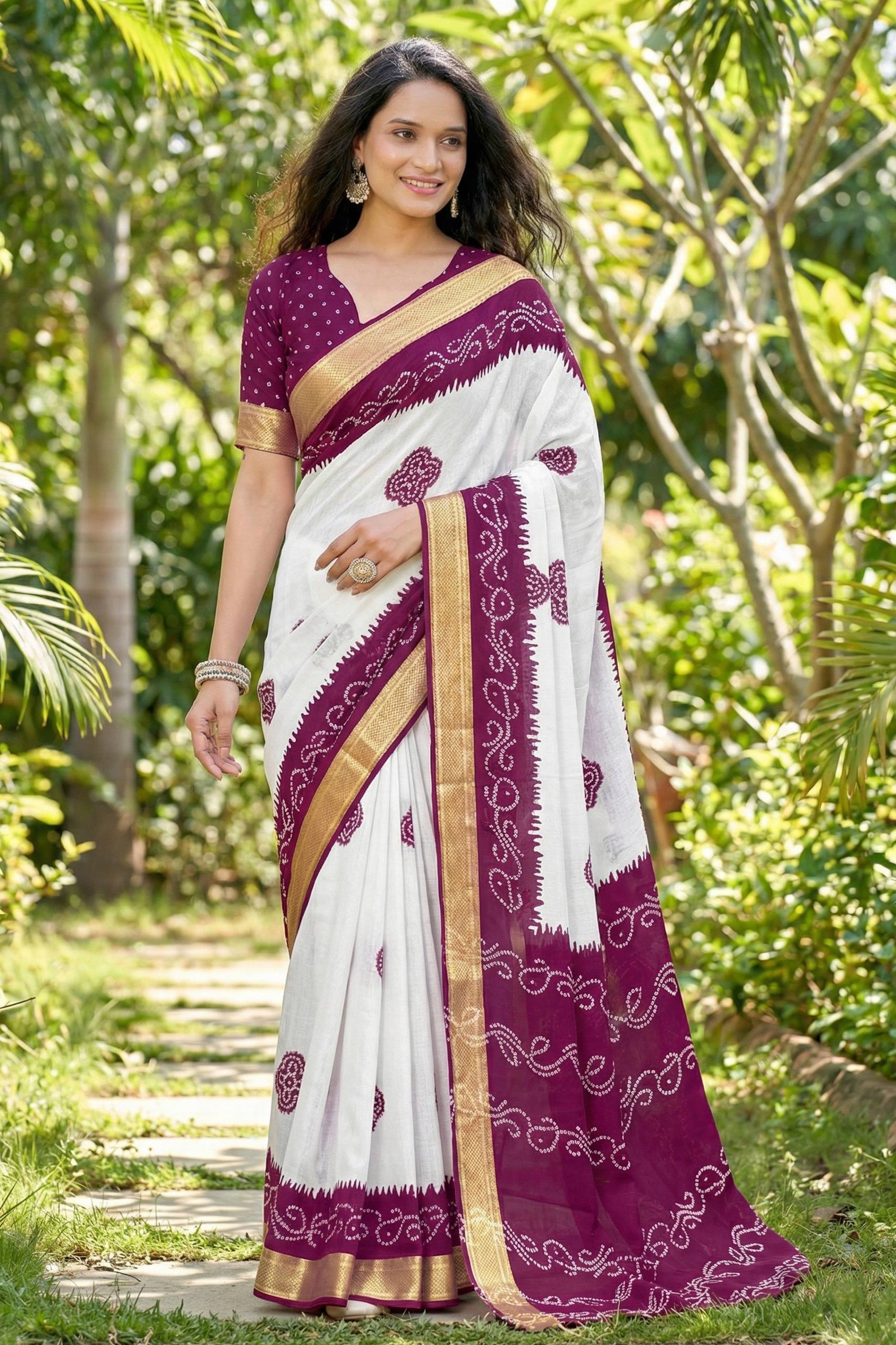 MULMUL COTTON BANDHANI BLOCK PRINT WITH HEAVY ZARI BORDER WHITE AND PURPLE SAREE WITH BLOUSE
