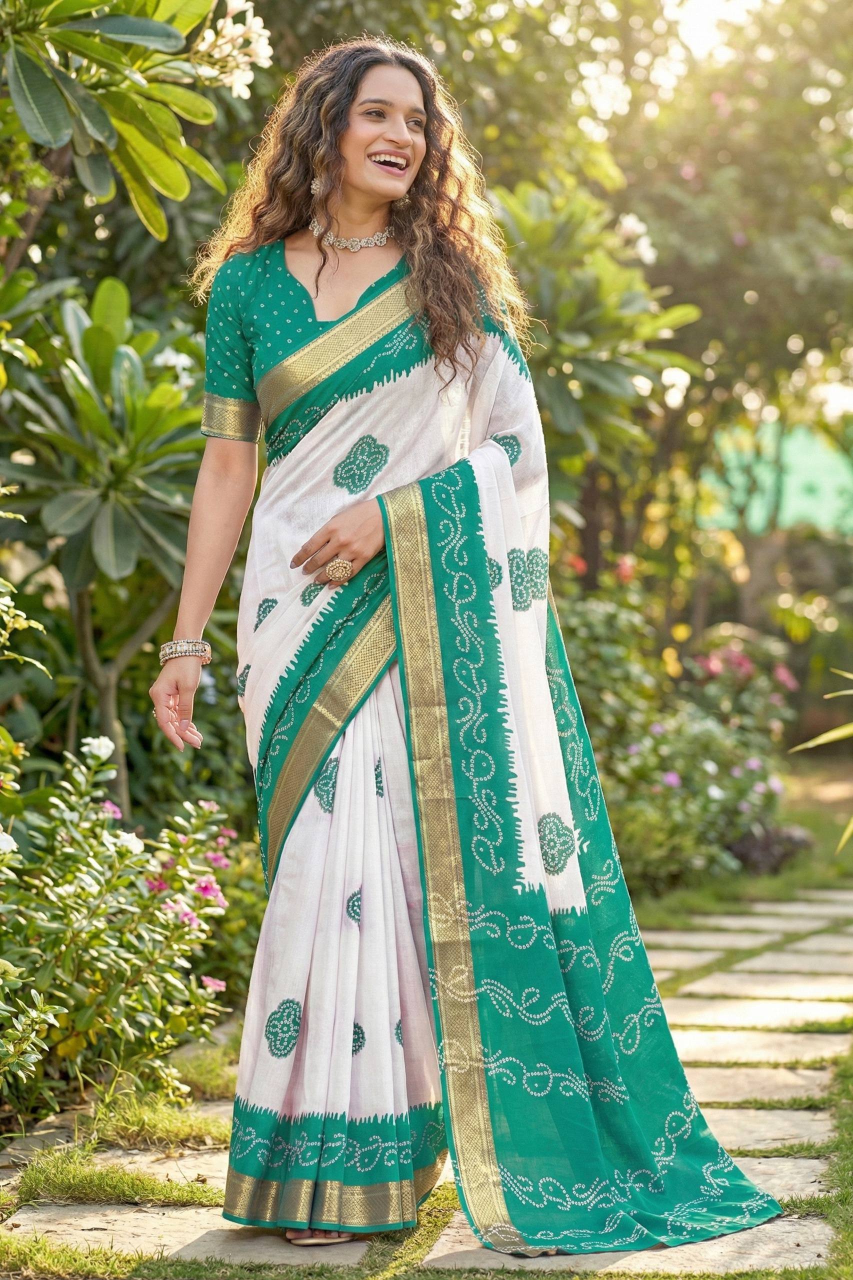 MULMUL COTTON BANDHANI BLOCK PRINT WITH HEAVY ZARI BORDER WHITE AND TEAL SAREE WITH BLOUSE