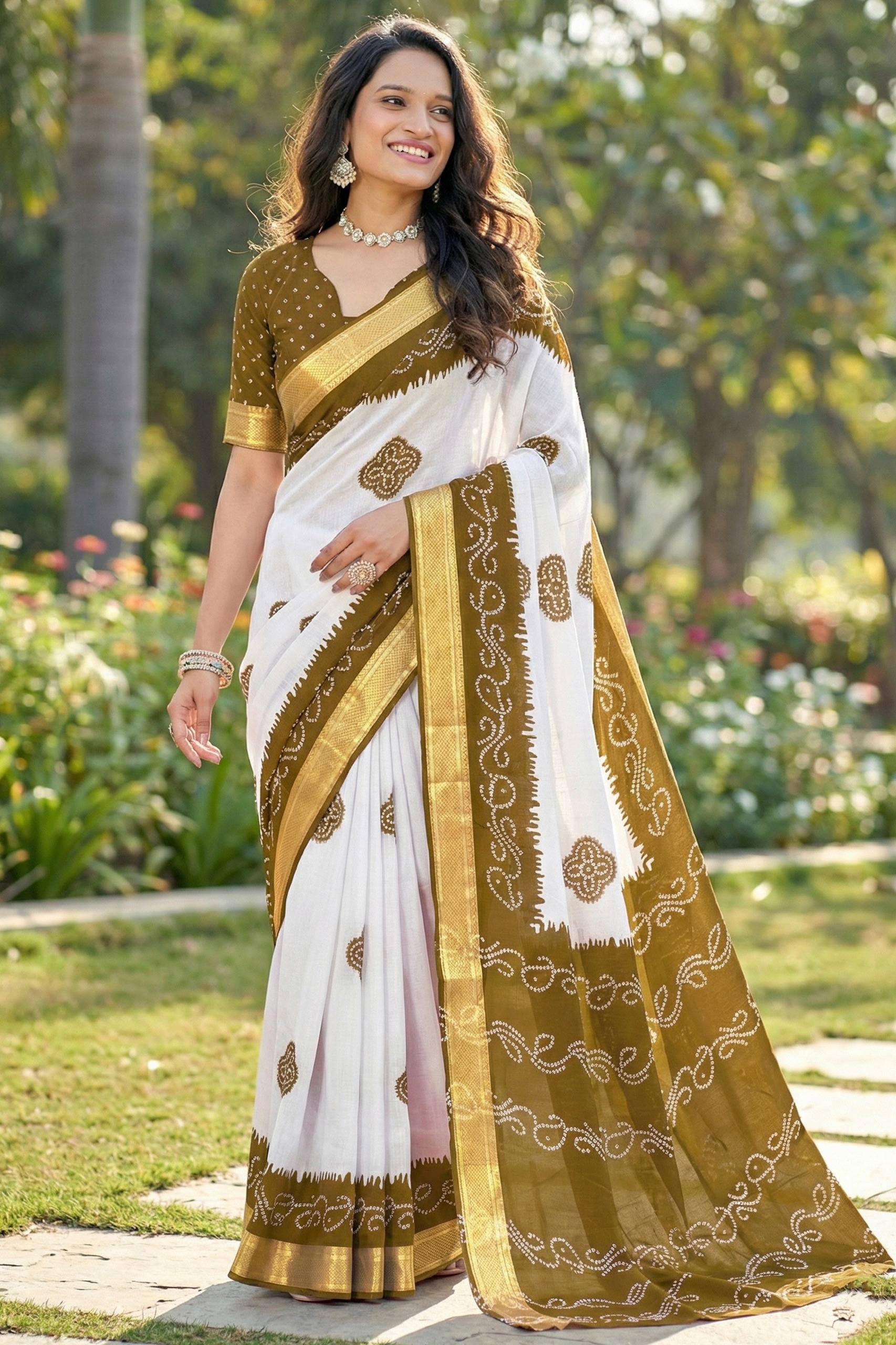 MULMUL COTTON BANDHANI BLOCK PRINT WITH HEAVY ZARI BORDER WHITE AND MEHANDI GREEN SAREE WITH BLOUSE