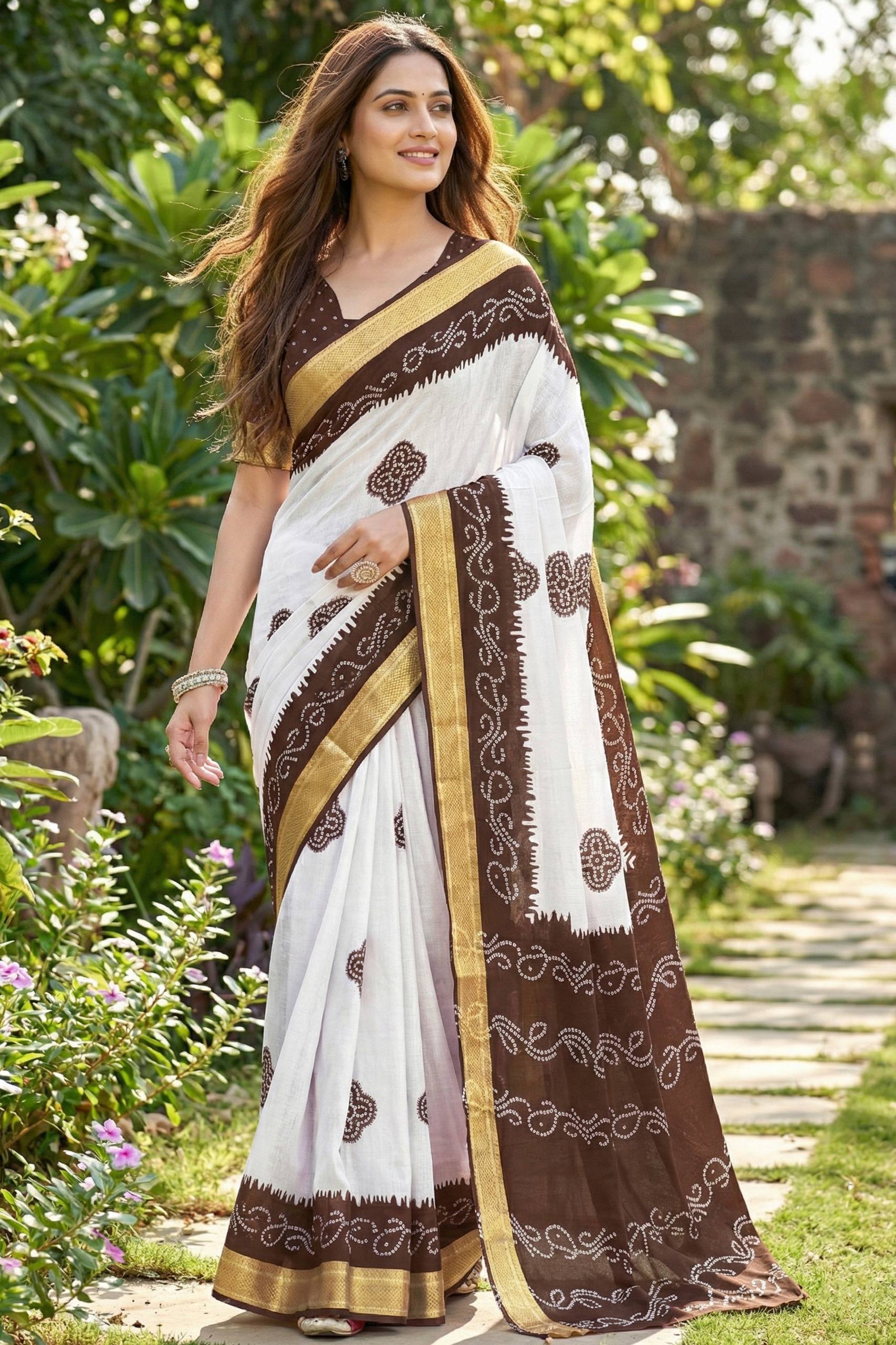 MULMUL COTTON BANDHANI BLOCK PRINT WITH HEAVY ZARI BORDER WHITE AND BROWN SAREE WITH BLOUSE