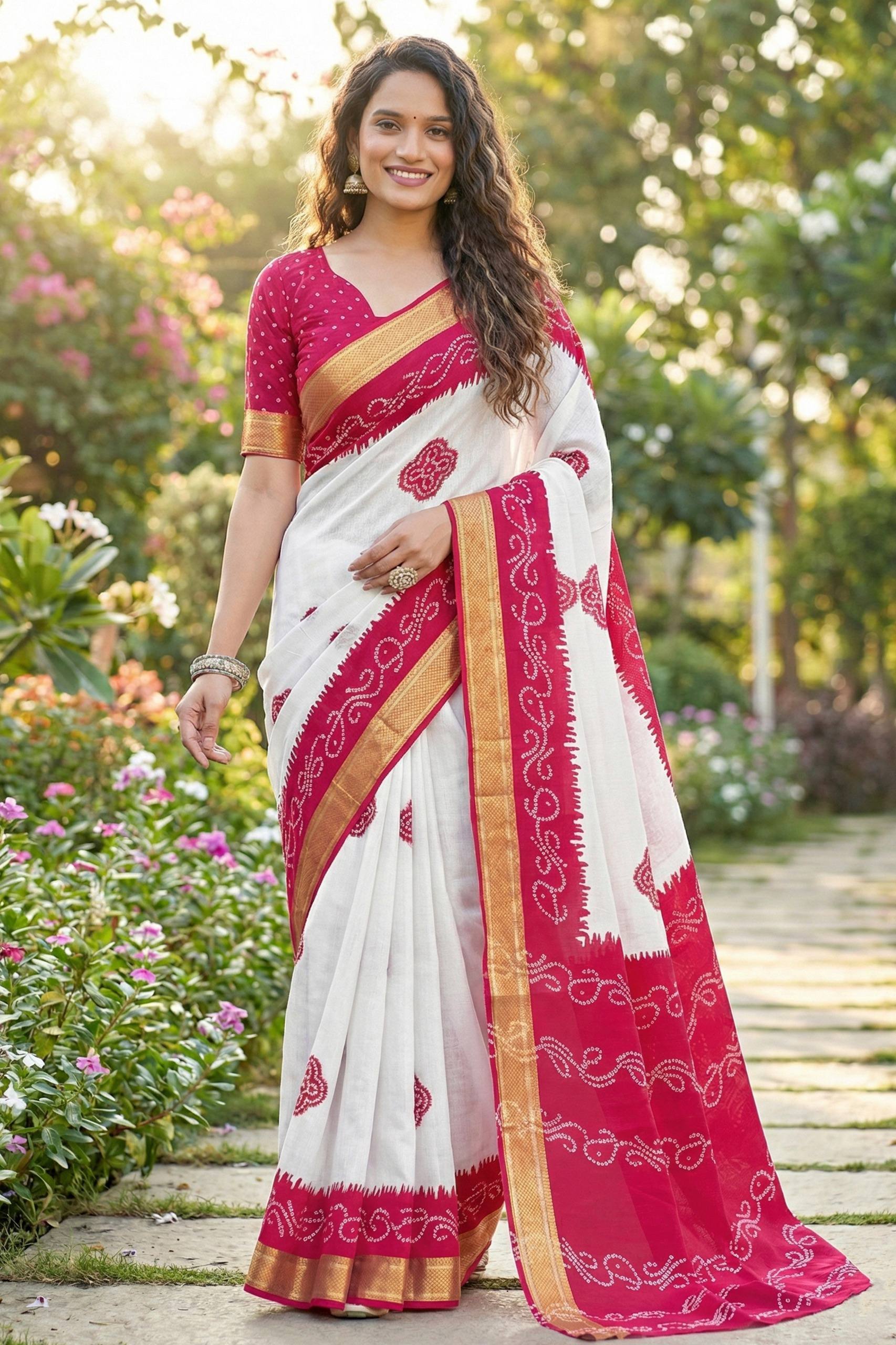 MULMUL COTTON BANDHANI BLOCK PRINT WITH HEAVY ZARI BORDER WHITE AND PINK SAREE WITH BLOUSE