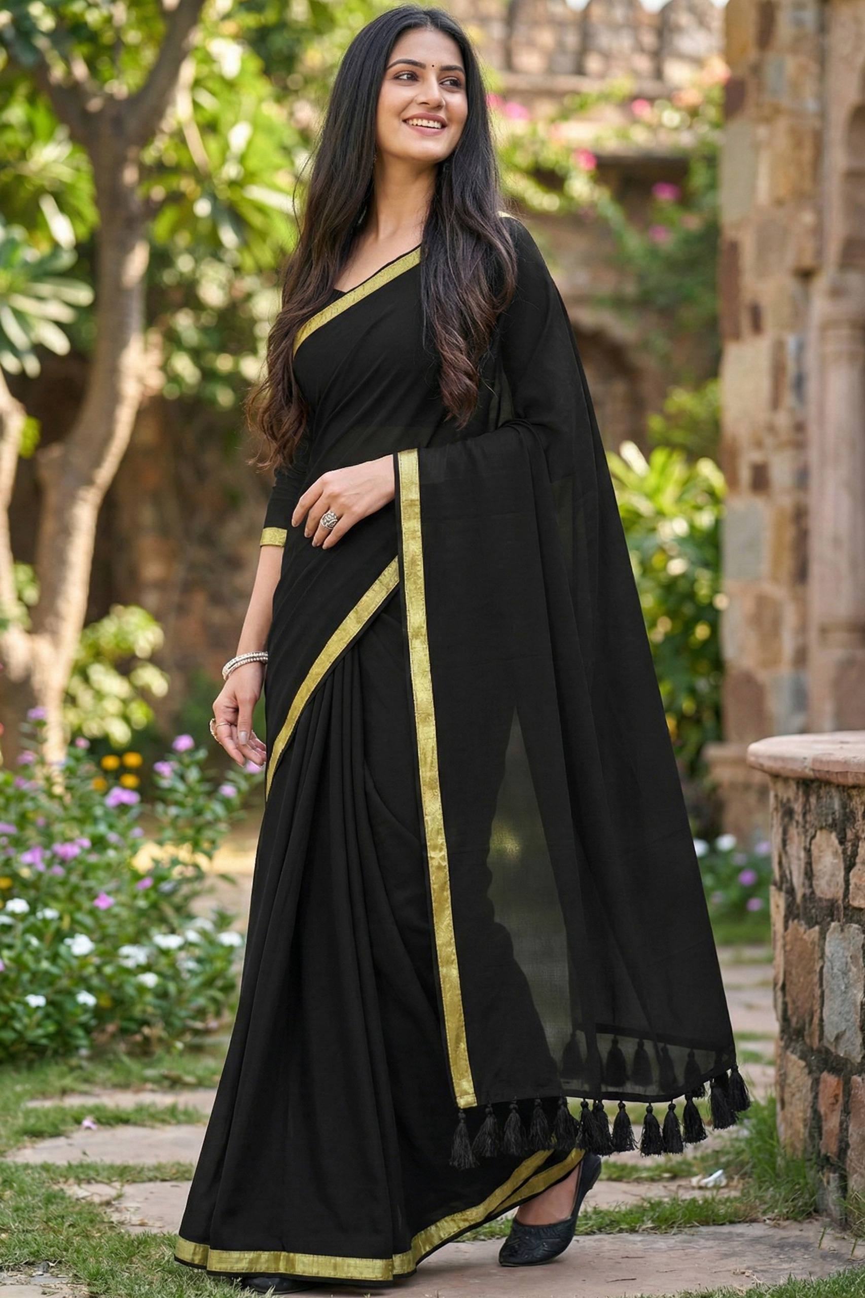 JAIPURI PLAIN JARI BORDER COTTON MULMUL HEAVY LATKAN BLACK SAREE WITH BLOUSE