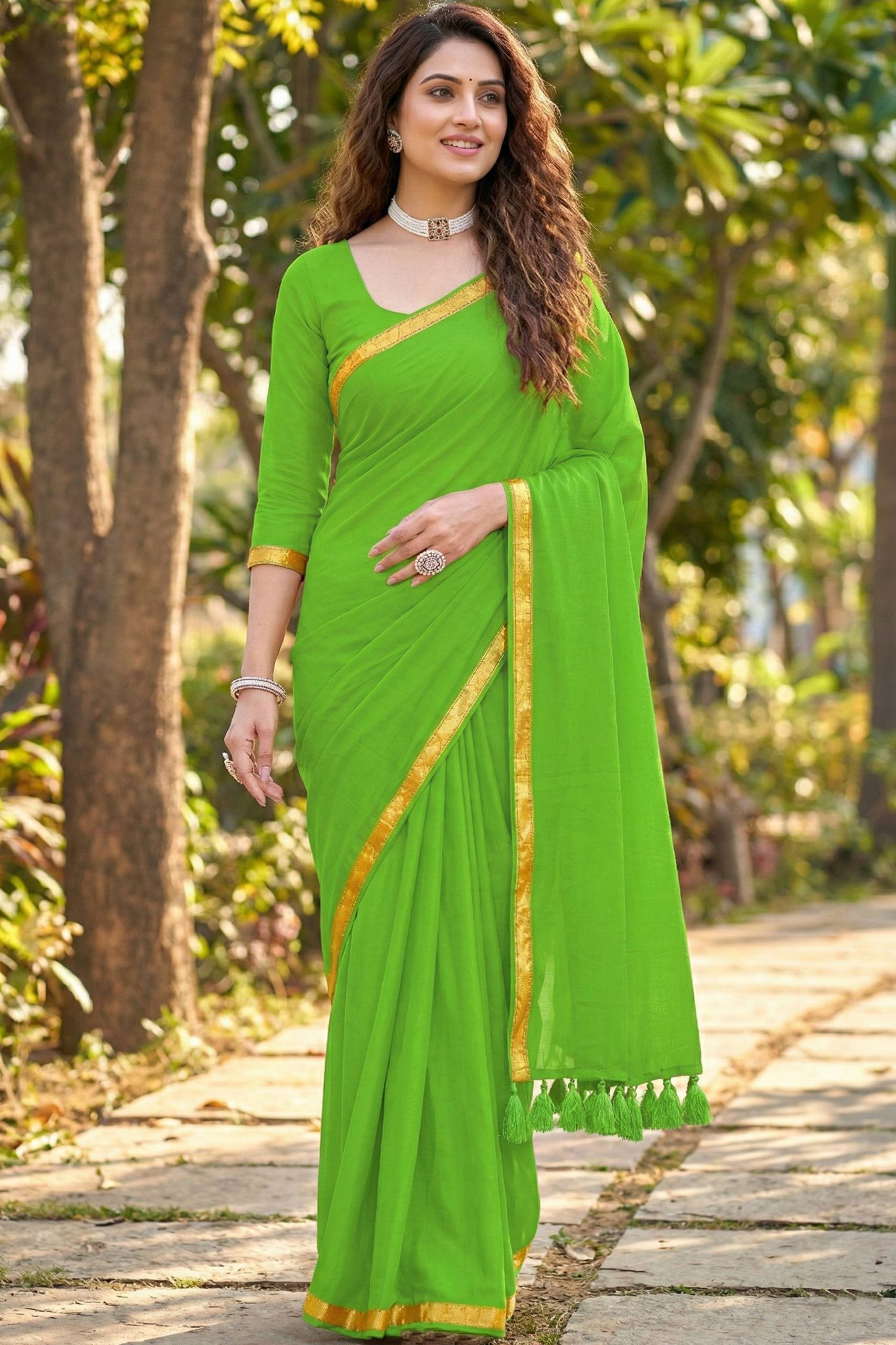 JAIPURI PLAIN JARI BORDER COTTON MULMUL HEAVY LATKAN GREEN SAREE WITH BLOUSE