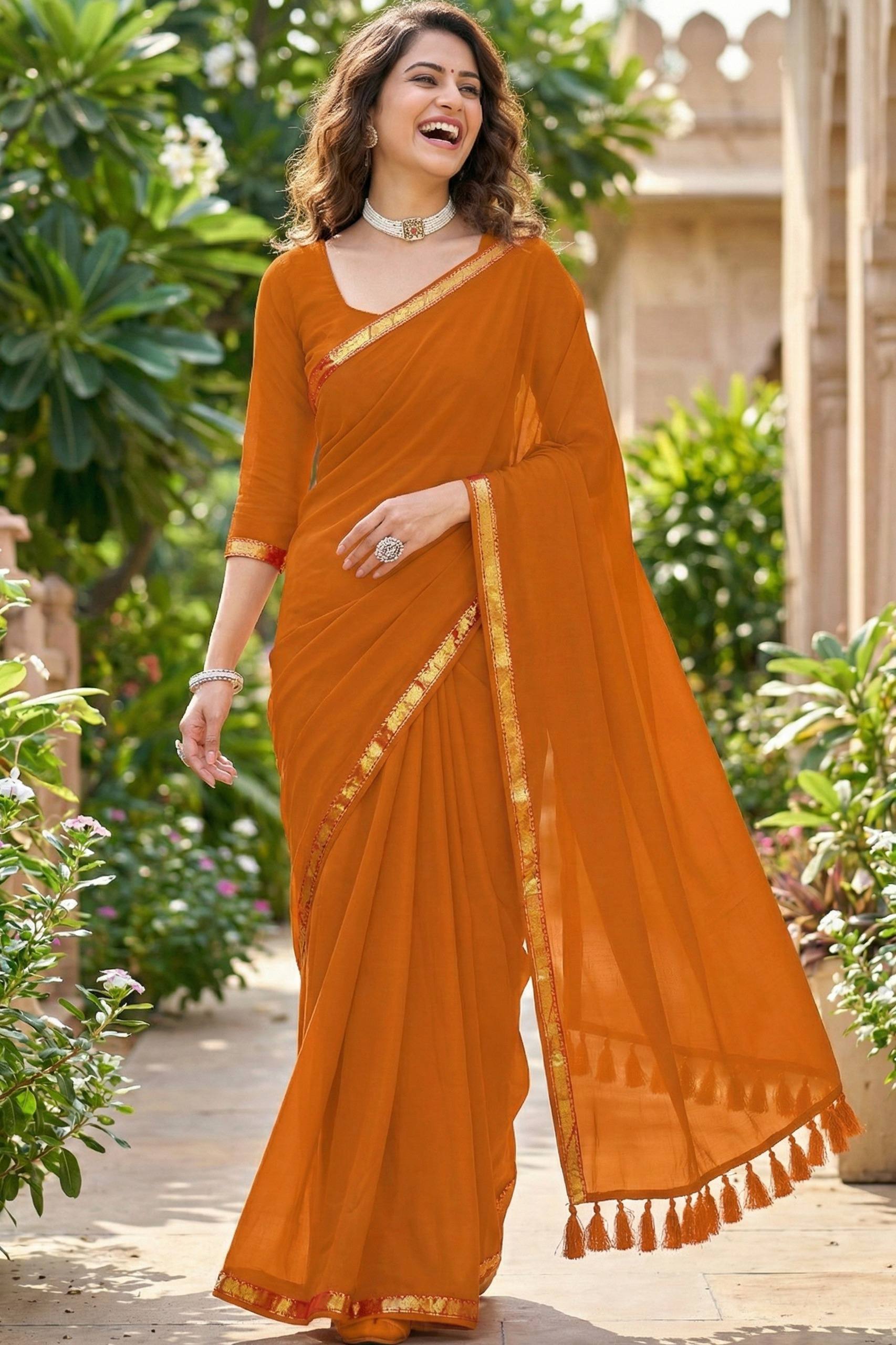 JAIPURI PLAIN JARI BORDER COTTON MULMUL HEAVY LATKAN RUST ORANGE SAREE WITH BLOUSE