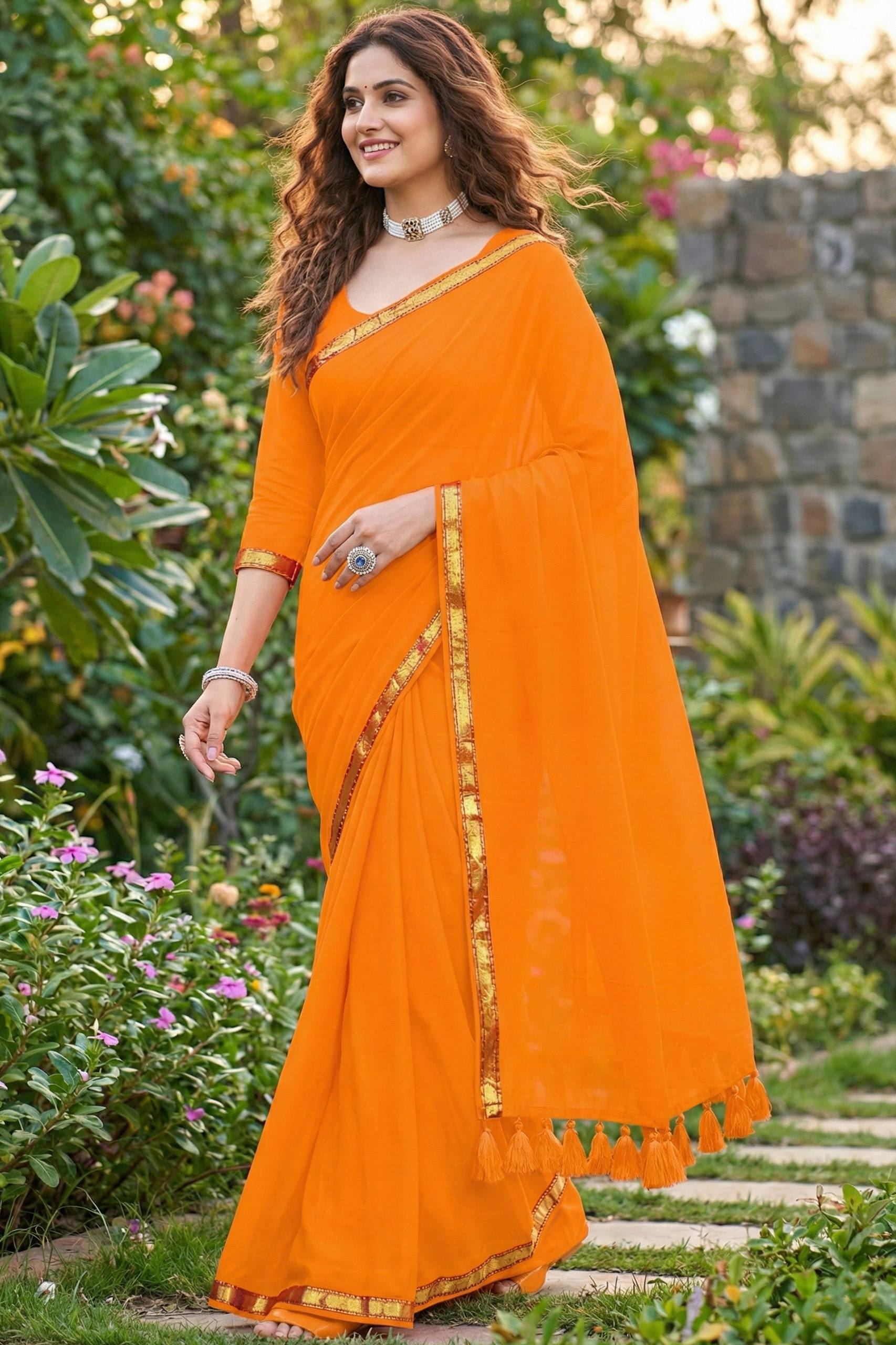 JAIPURI PLAIN JARI BORDER COTTON MULMUL HEAVY LATKAN ORANGE SAREE WITH BLOUSE