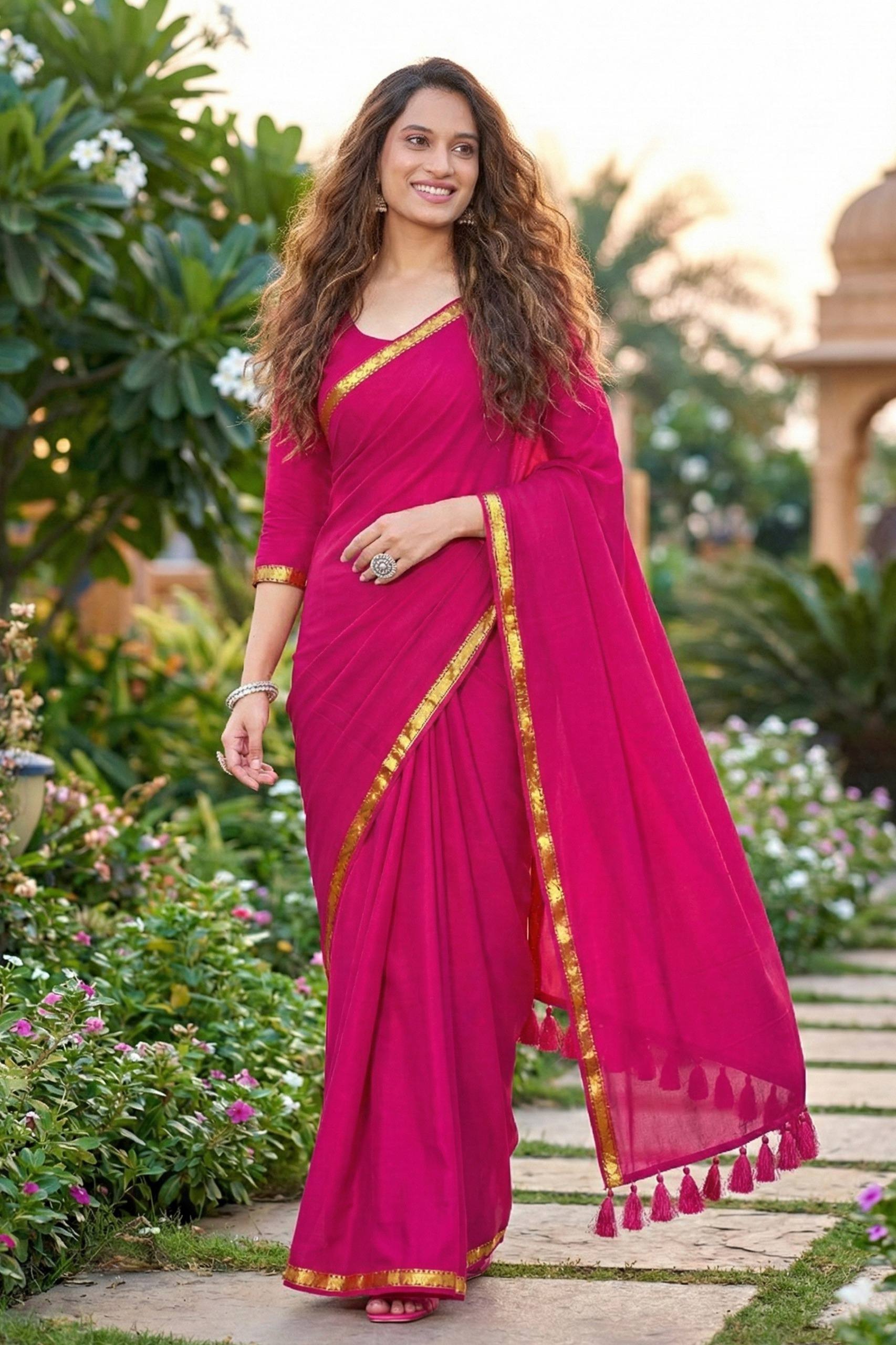 JAIPURI PLAIN JARI BORDER COTTON MULMUL HEAVY LATKAN PINK SAREE WITH BLOUSE