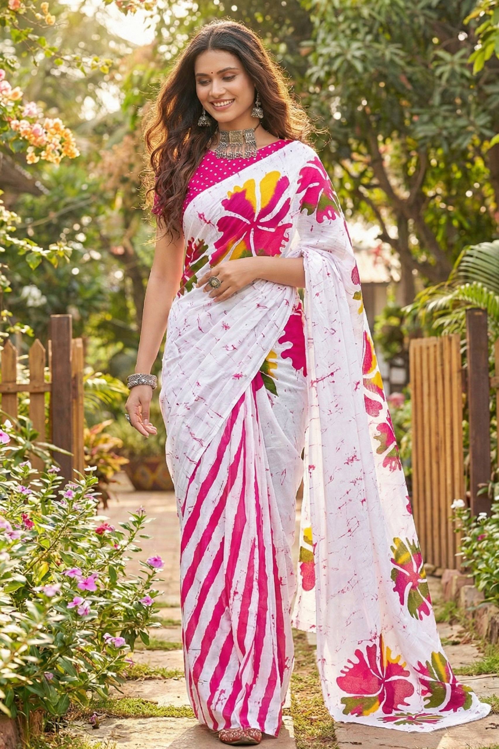 PURE MULMUL COTTON BAGRU FANCY HAND PRINT WHITE AND PINK SAREE WITH BLOUSE