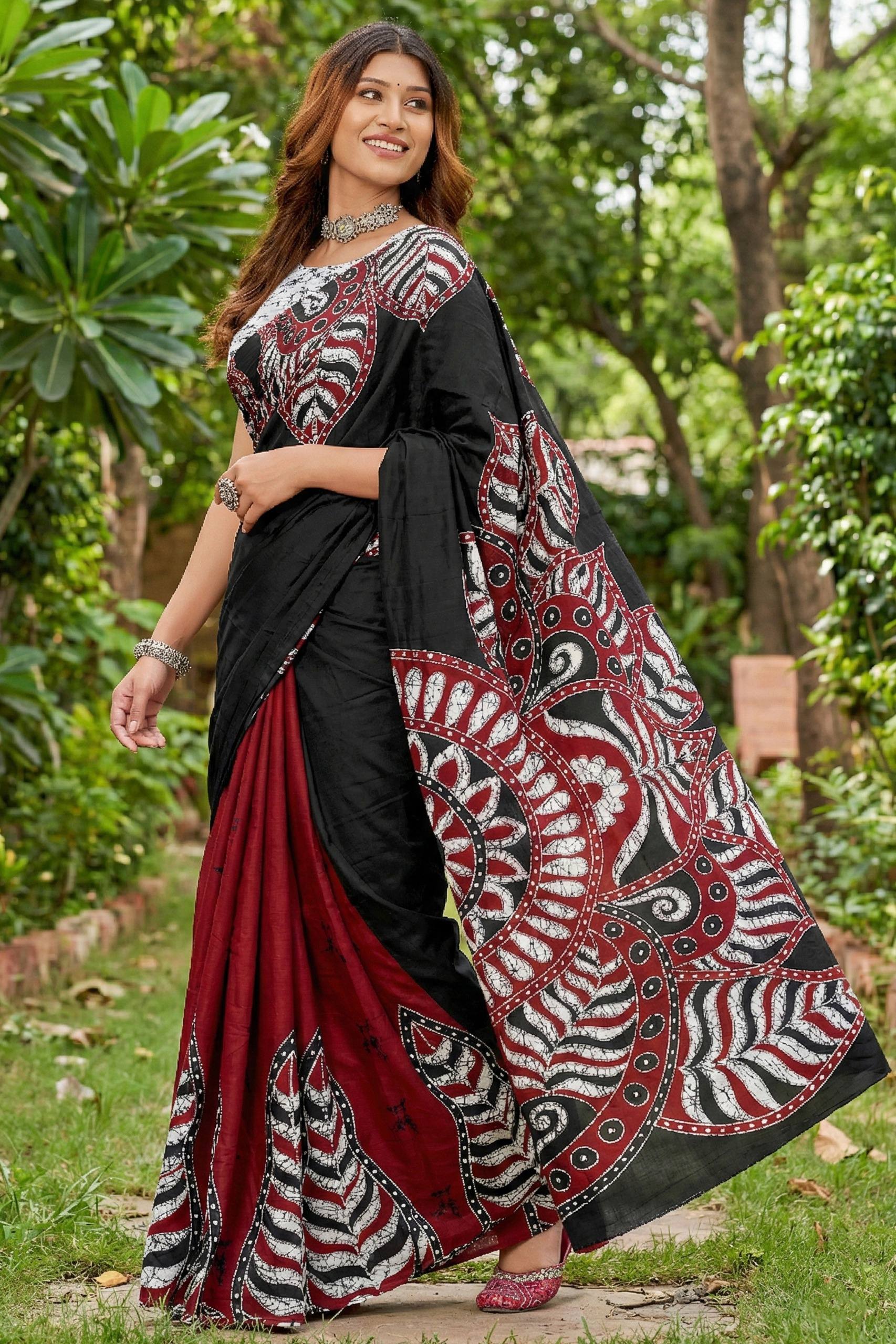 PURE MULMUL COTTON BAGRU FANCY HAND PRINT BLACK AND MAROON SAREE WITH BLOUSE
