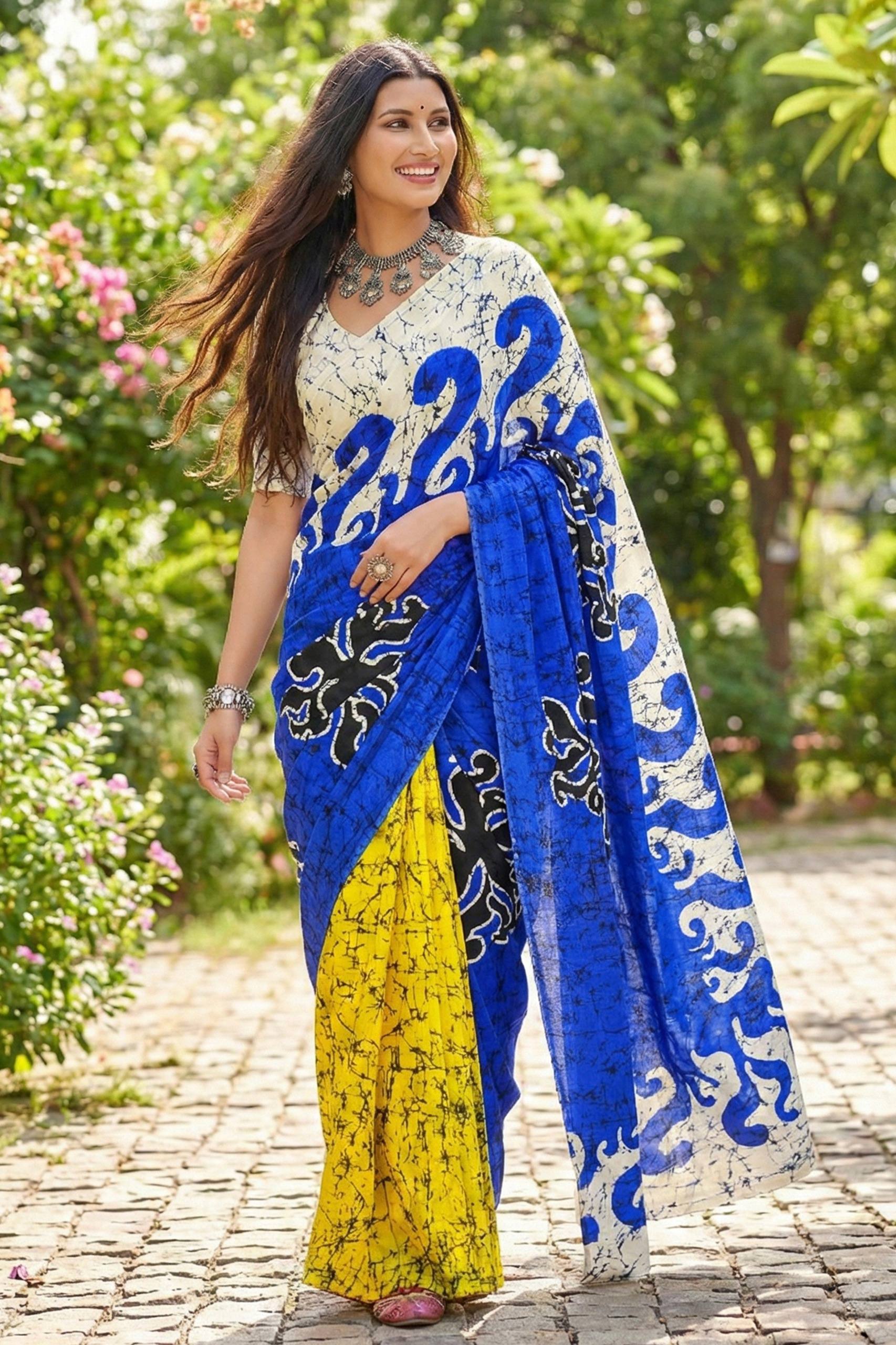 PURE MULMUL COTTON BAGRU FANCY HAND PRINT BLUE AND YELLOW SAREE WITH BLOUSE